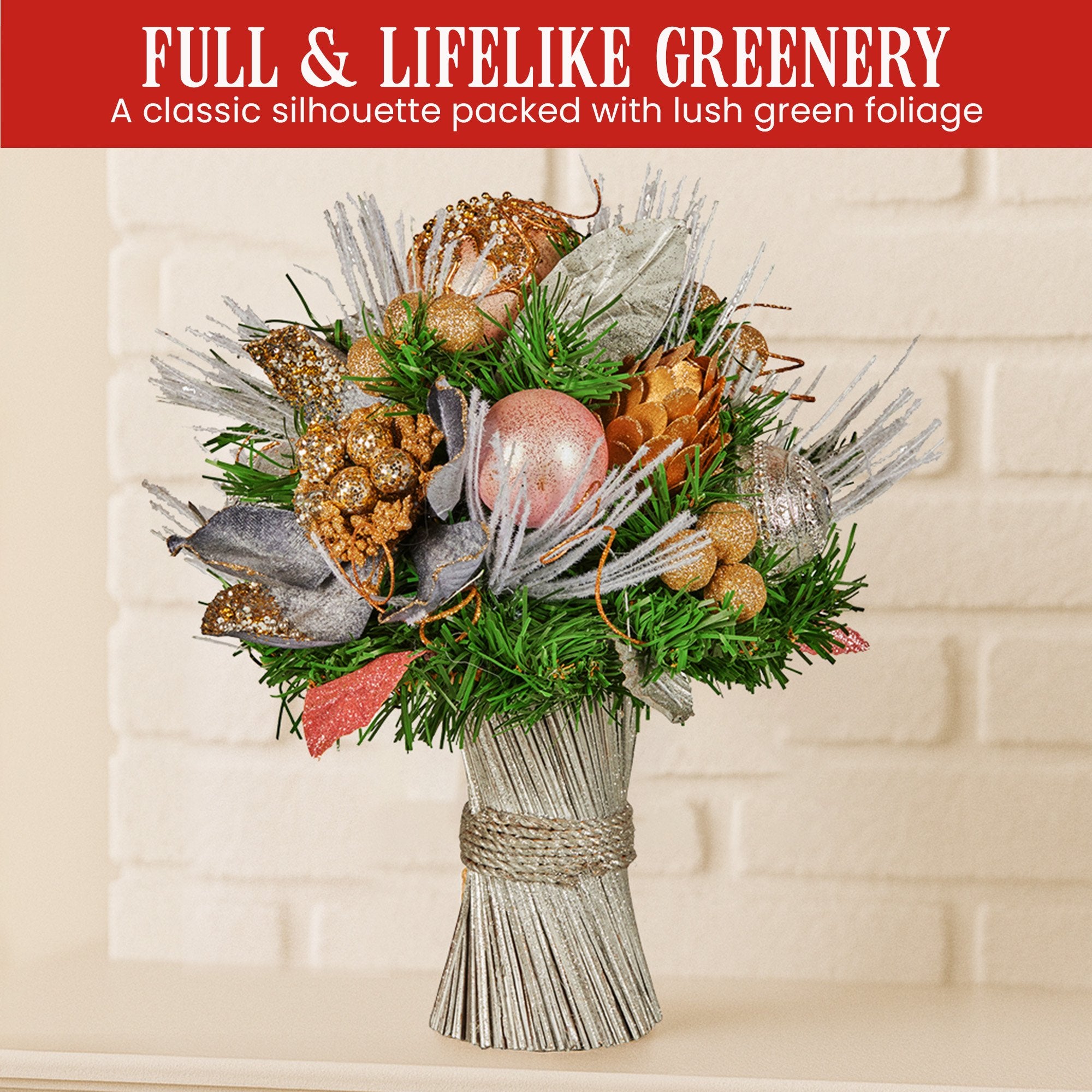 Christabelle 33cm Christmas Bouquet Pre Decorated Holiday Floral Arrangement w/Jewelled Baubles, Berries, V240-112_GUE521