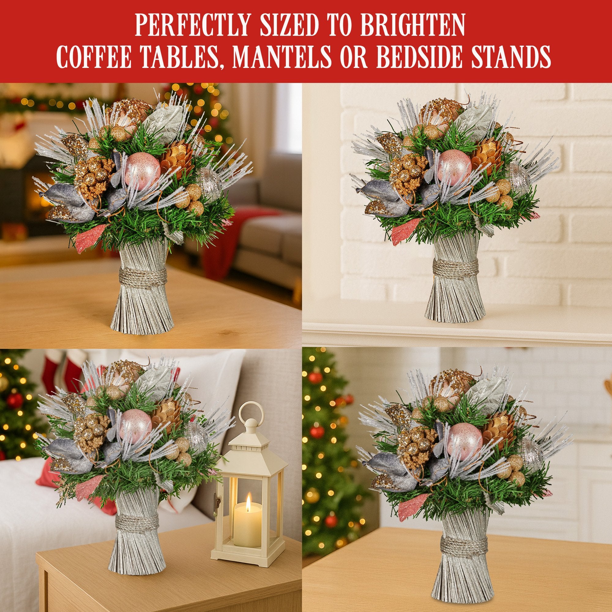 Christabelle 33cm Christmas Bouquet Pre Decorated Holiday Floral Arrangement w/Jewelled Baubles, Berries, V240-112_GUE521