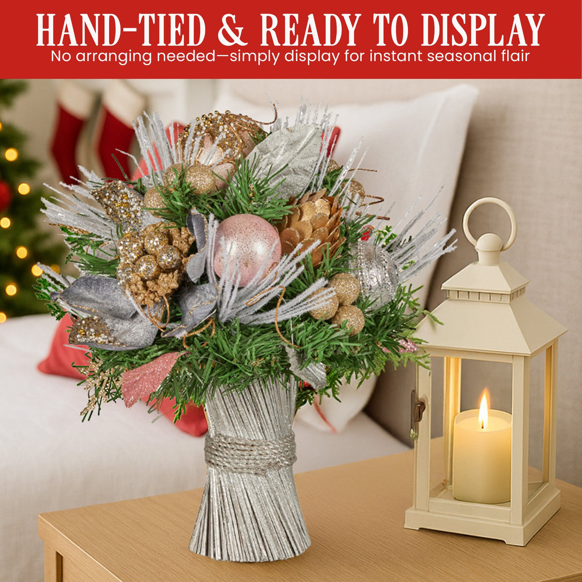 Christabelle 33cm Christmas Bouquet Pre Decorated Holiday Floral Arrangement w/Jewelled Baubles, Berries, V240-112_GUE521