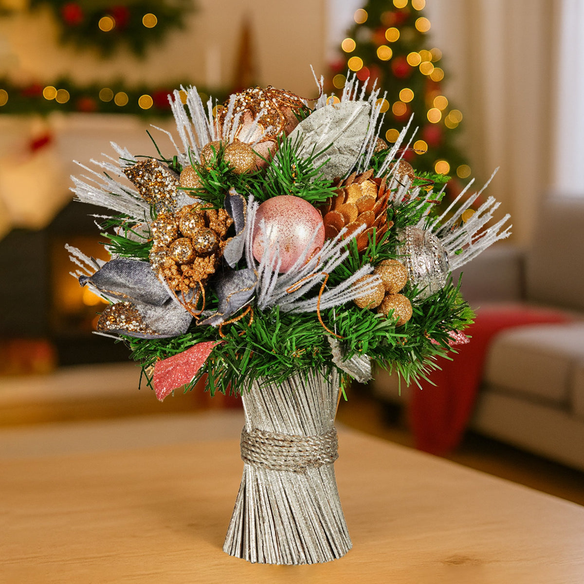 Christabelle 33cm Christmas Bouquet Pre Decorated Holiday Floral Arrangement w/Jewelled Baubles, Berries, V240-112_GUE521