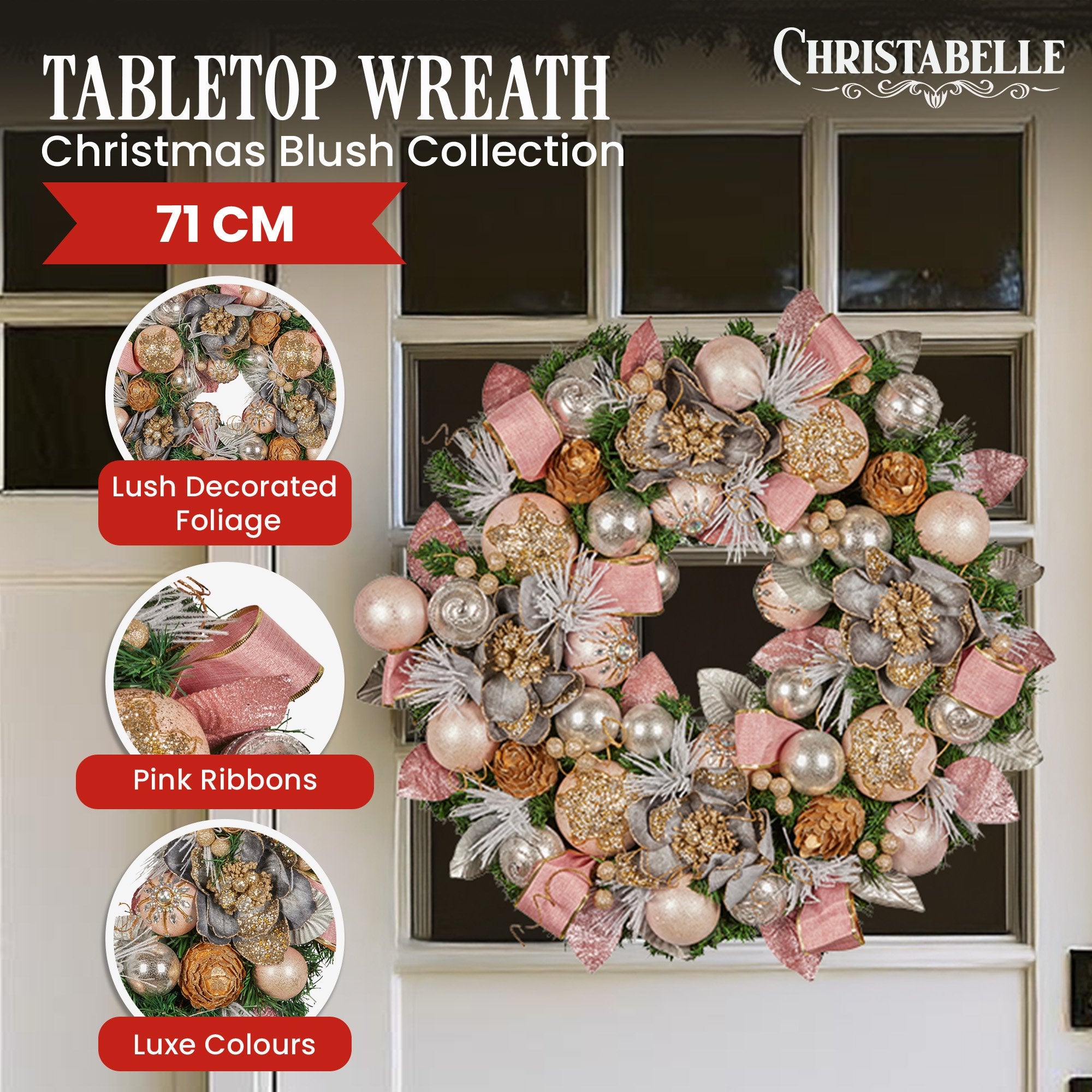 Christabelle 71cm Christmas Wreath Lush Pink Front Door Decoration Jewelled Baubles Flowers Pine Cones V240-112_GUE522
