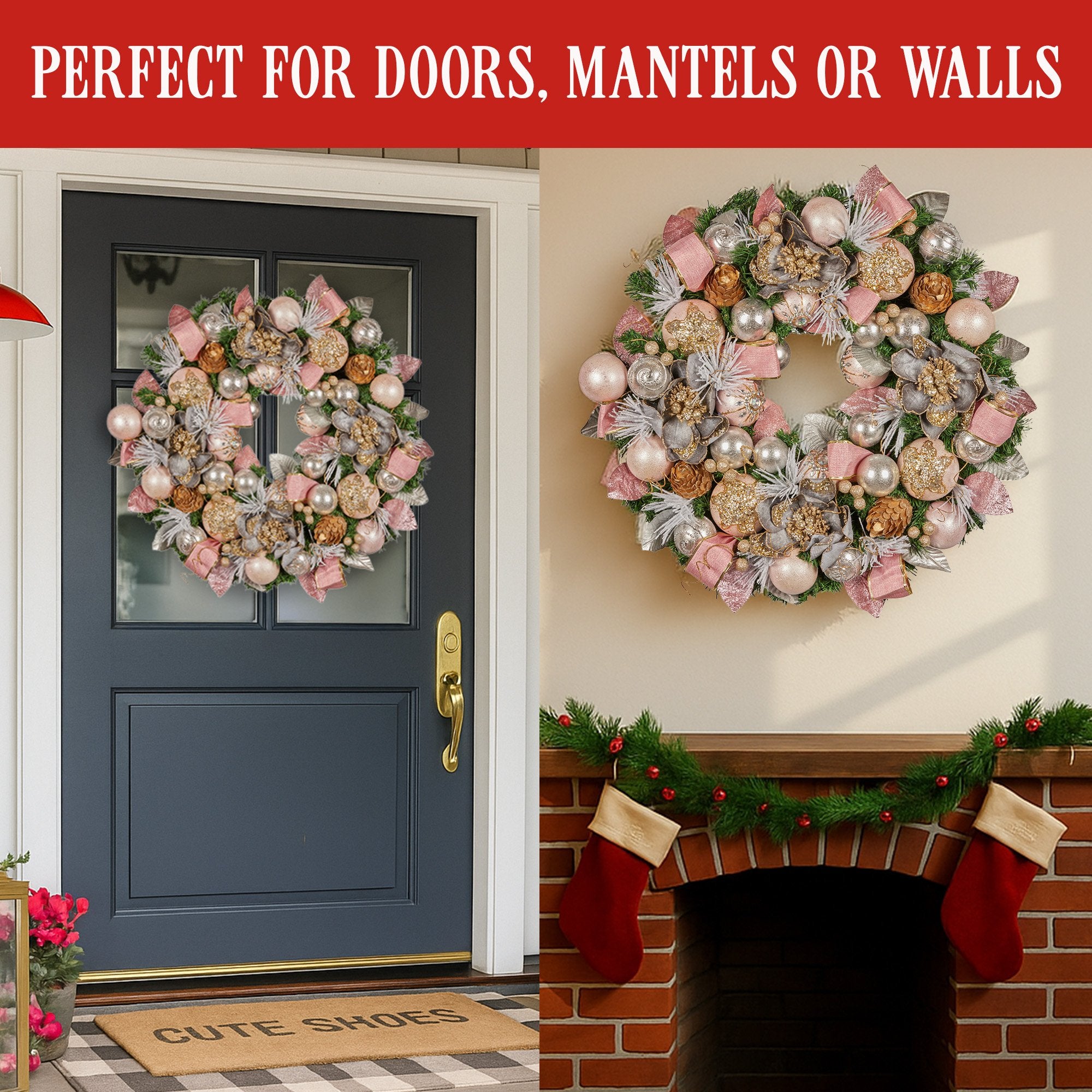Christabelle 71cm Christmas Wreath Lush Pink Front Door Decoration Jewelled Baubles Flowers Pine Cones V240-112_GUE522