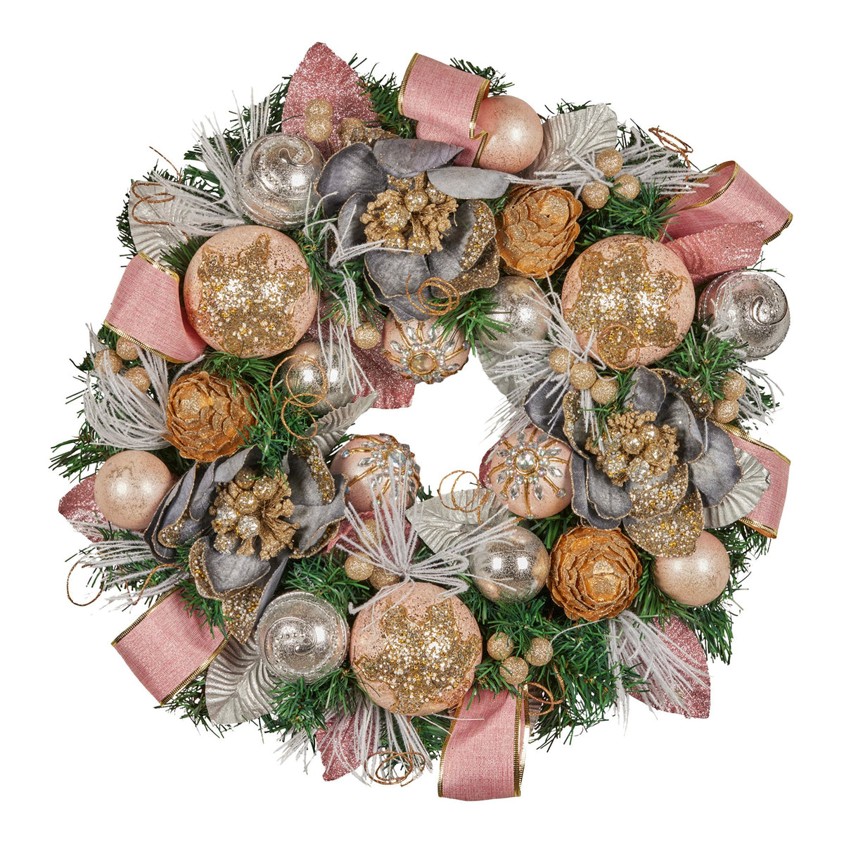 Christabelle 56cm Christmas Wreath Lush Pink Front Door Decoration Jewelled Baubles Flowers Pine Cones V240-112_GUE523