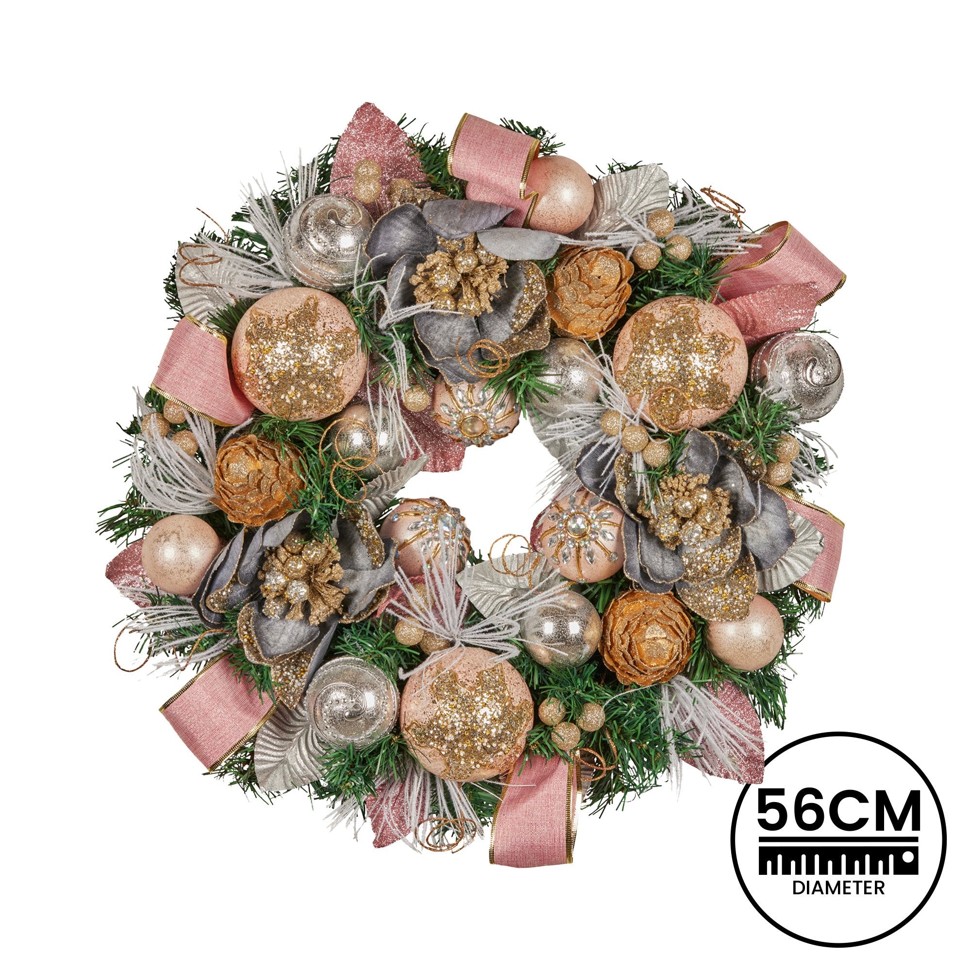 Christabelle 56cm Christmas Wreath Lush Pink Front Door Decoration Jewelled Baubles Flowers Pine Cones V240-112_GUE523