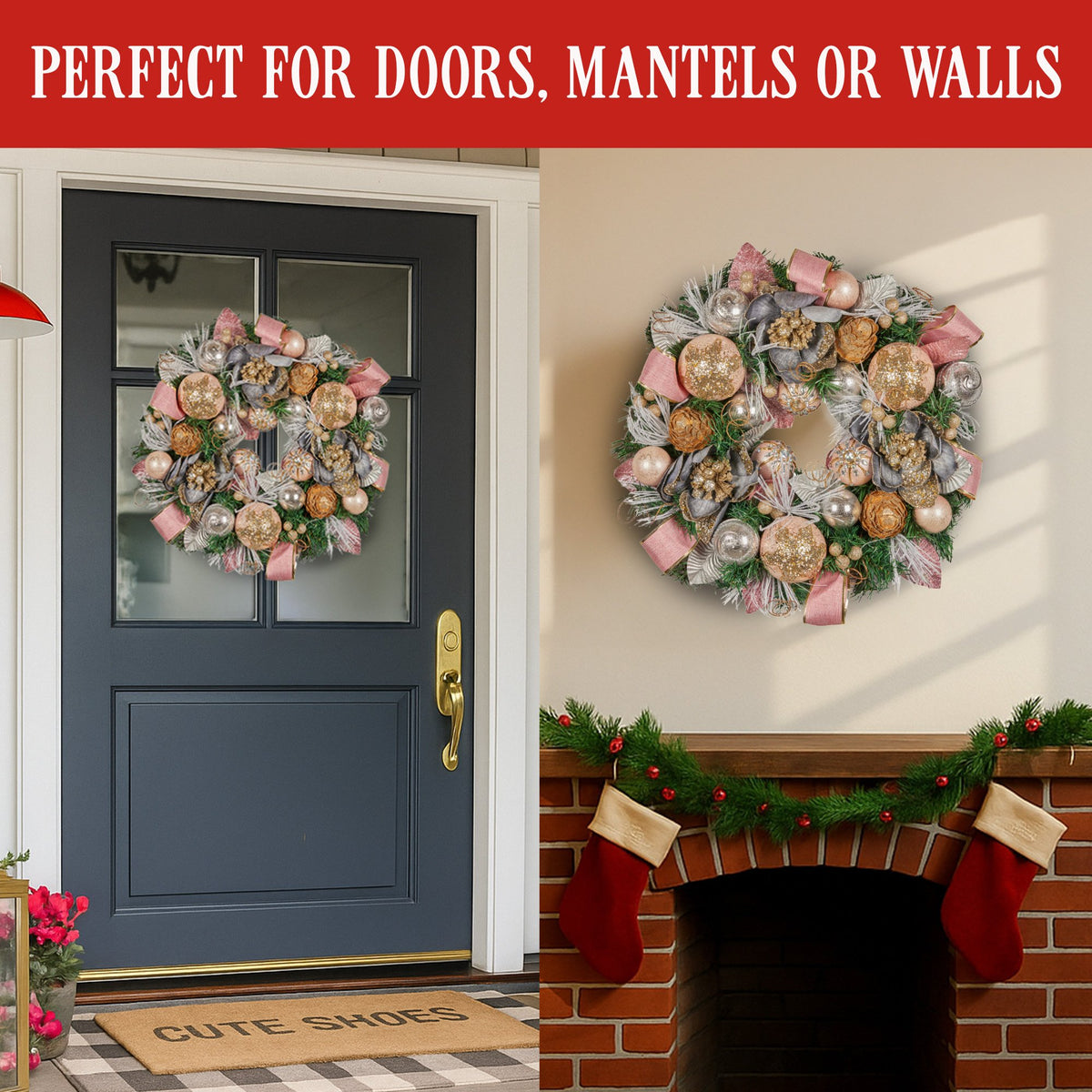 Christabelle 56cm Christmas Wreath Lush Pink Front Door Decoration Jewelled Baubles Flowers Pine Cones V240-112_GUE523