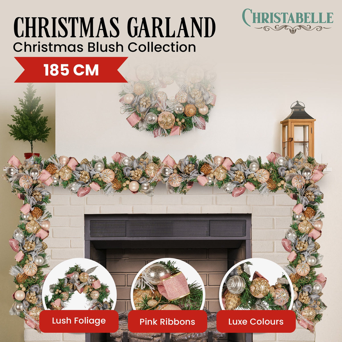 Christabelle Premium 1.8m Christmas Garland Jewelled Baubles & Berries Tree Decoration Ornament Pink Silver V240-112_GUE525