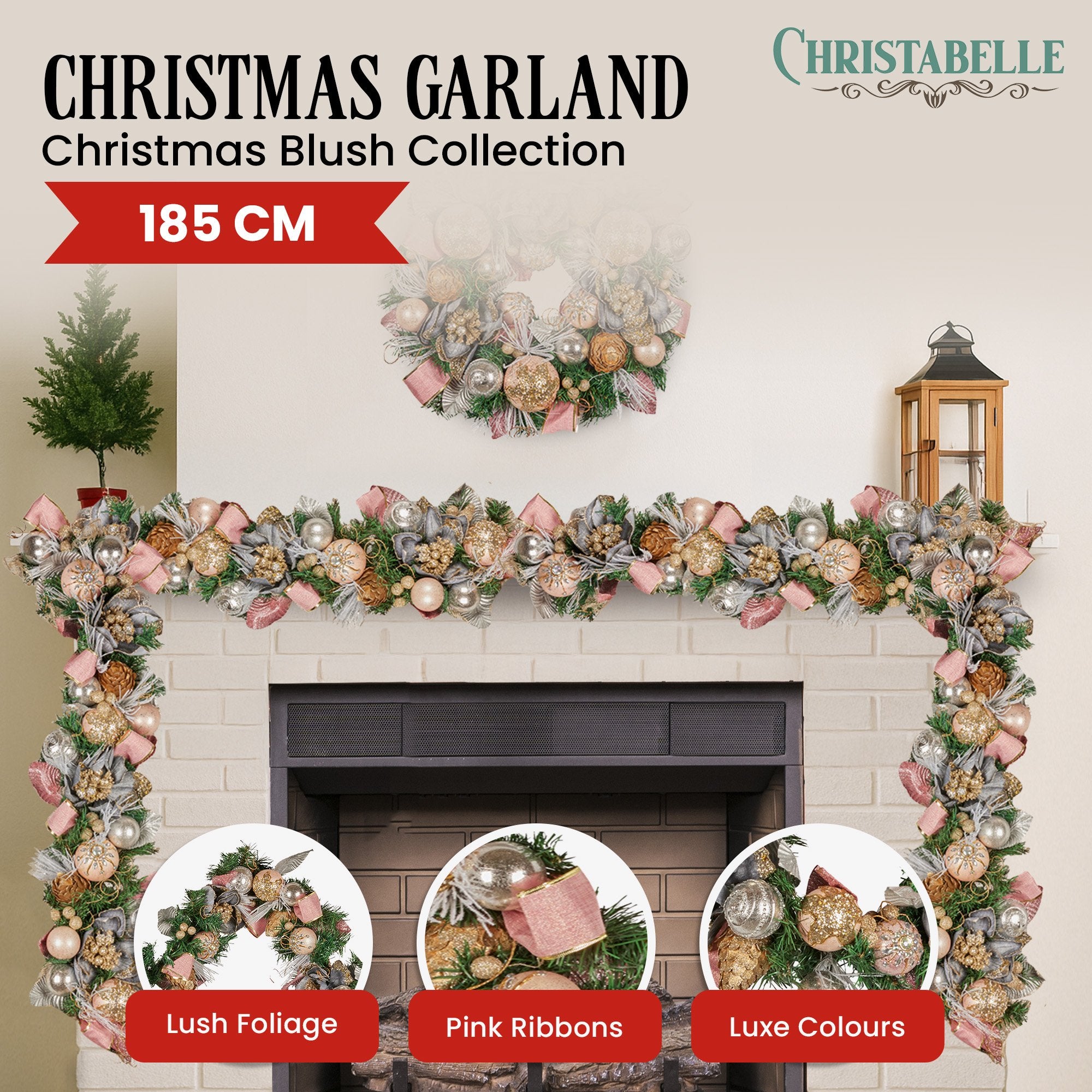 Christabelle Premium 1.8m Christmas Garland Jewelled Baubles & Berries Tree Decoration Ornament Pink Silver V240-112_GUE525