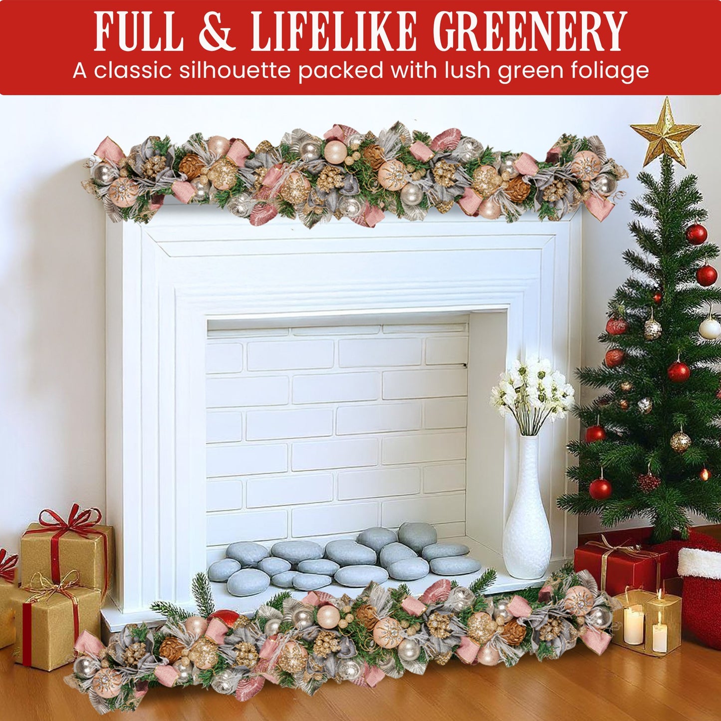 Christabelle Premium 1.8m Christmas Garland Jewelled Baubles & Berries Tree Decoration Ornament Pink Silver V240-112_GUE525
