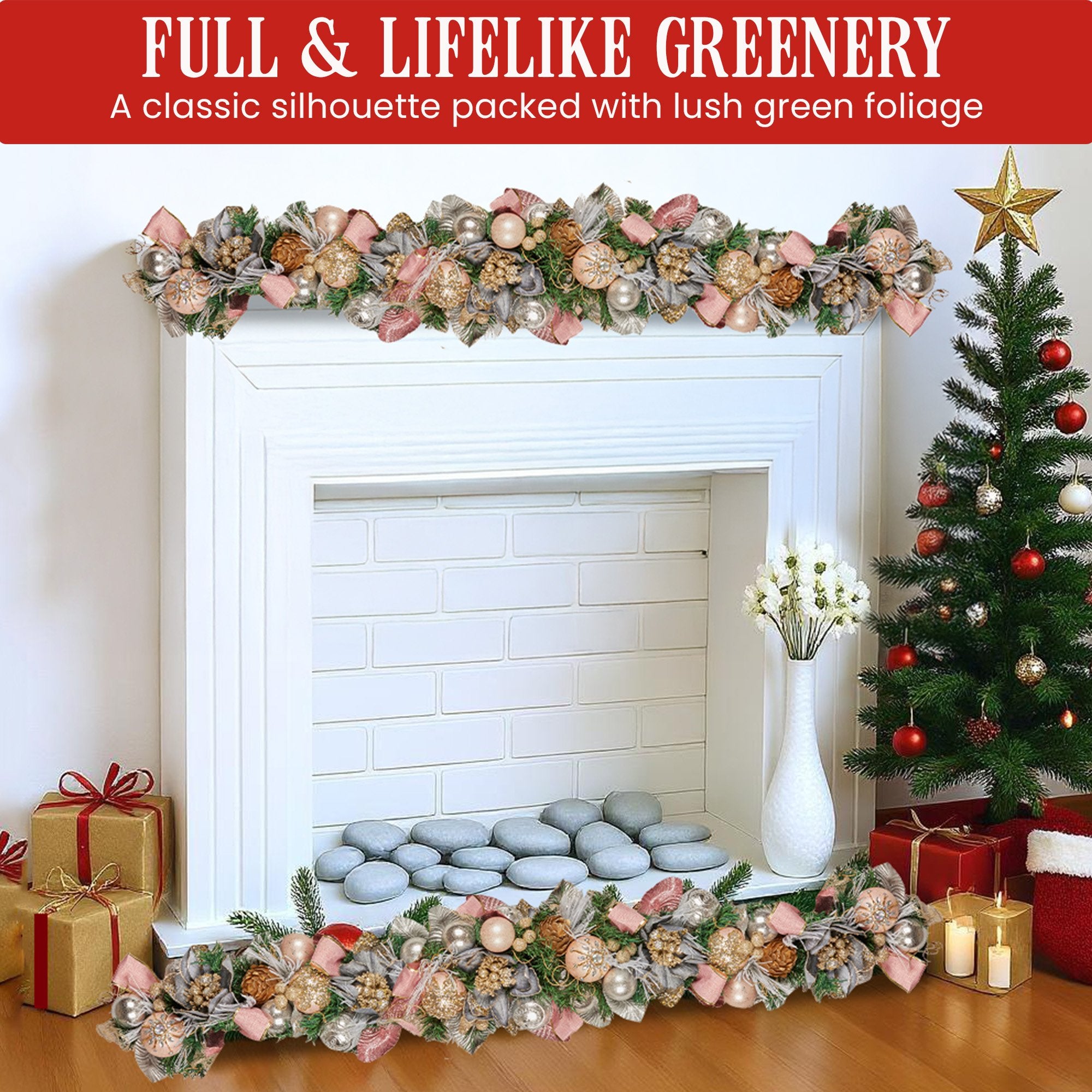 Christabelle Premium 1.8m Christmas Garland Jewelled Baubles & Berries Tree Decoration Ornament Pink Silver V240-112_GUE525