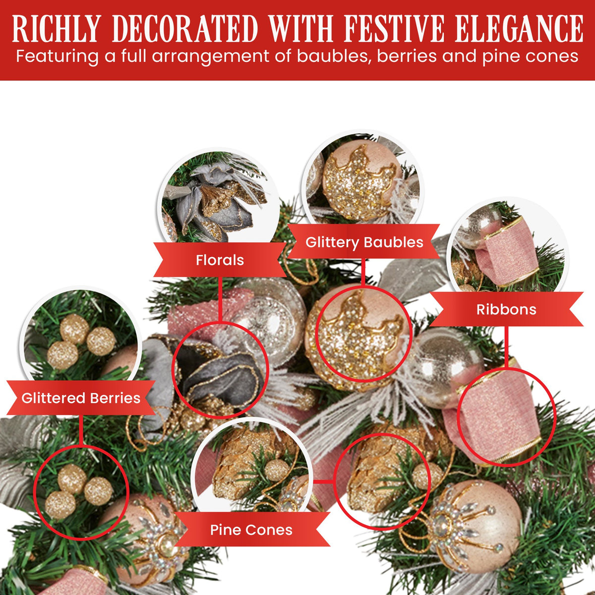 Christabelle Premium 1.8m Christmas Garland Jewelled Baubles & Berries Tree Decoration Ornament Pink Silver V240-112_GUE525