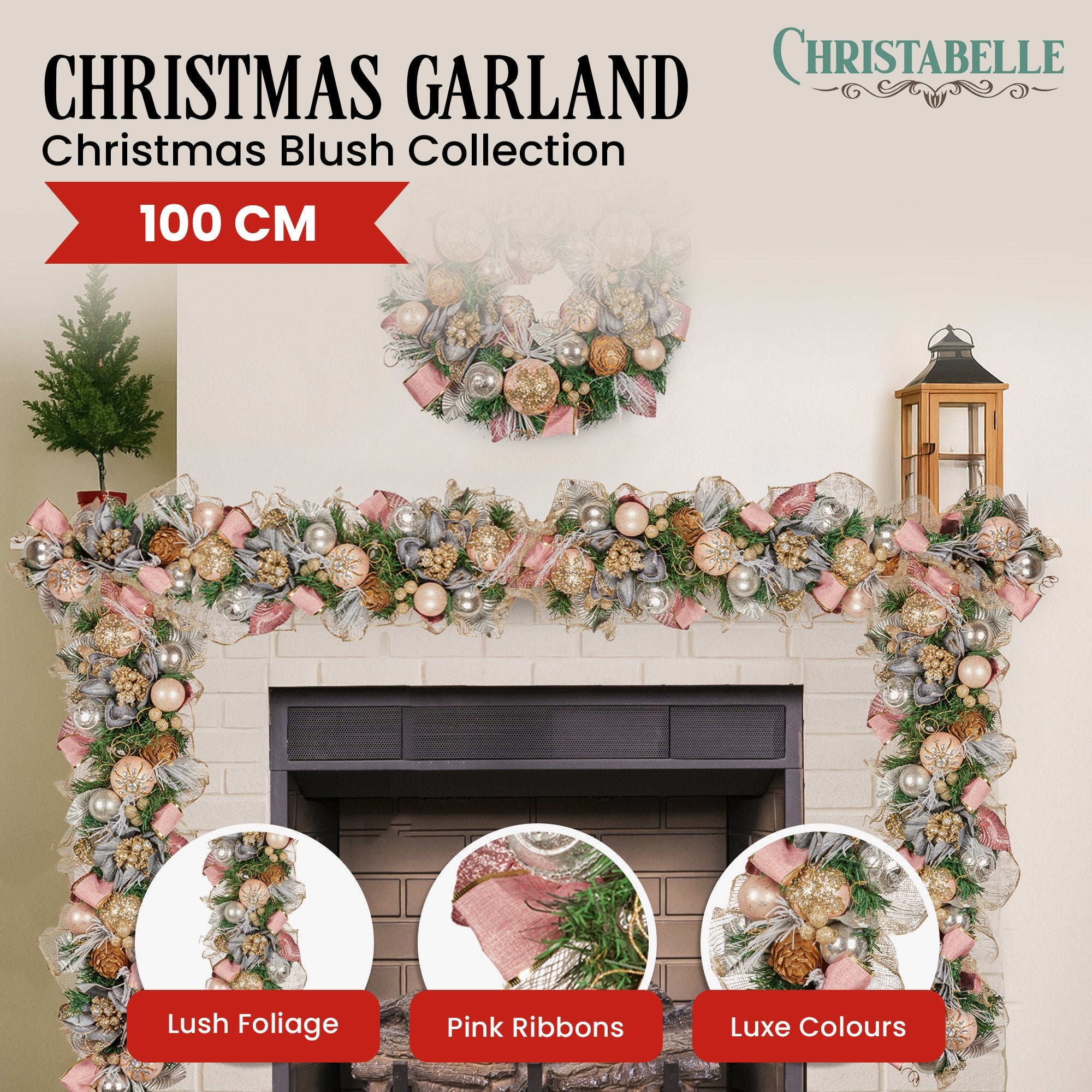 Christabelle Premium 100cm Christmas Garland Jewelled Baubles & Berries Tree Decoration Ornament Pink Silver V240-112_GUE526