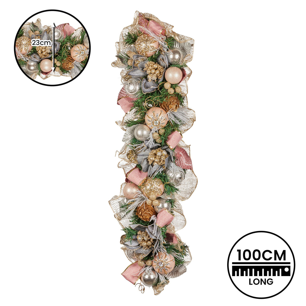 Christabelle Premium 100cm Christmas Garland Jewelled Baubles & Berries Tree Decoration Ornament Pink Silver V240-112_GUE526