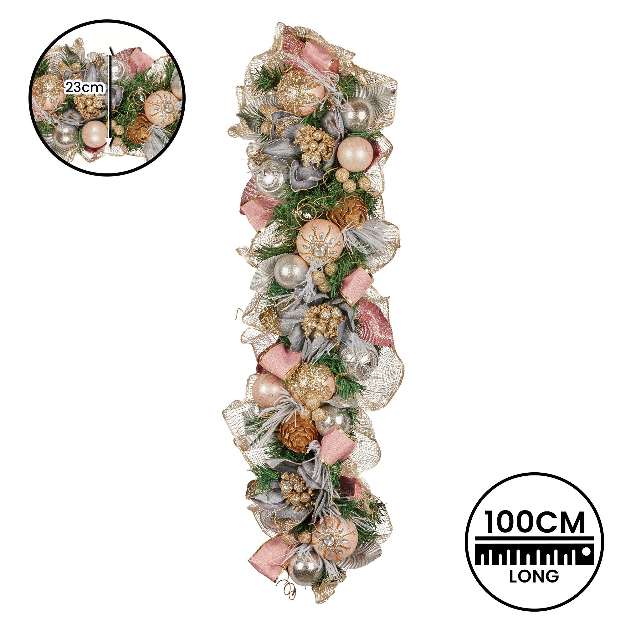 Christabelle Premium 100cm Christmas Garland Jewelled Baubles & Berries Tree Decoration Ornament Pink Silver V240-112_GUE526