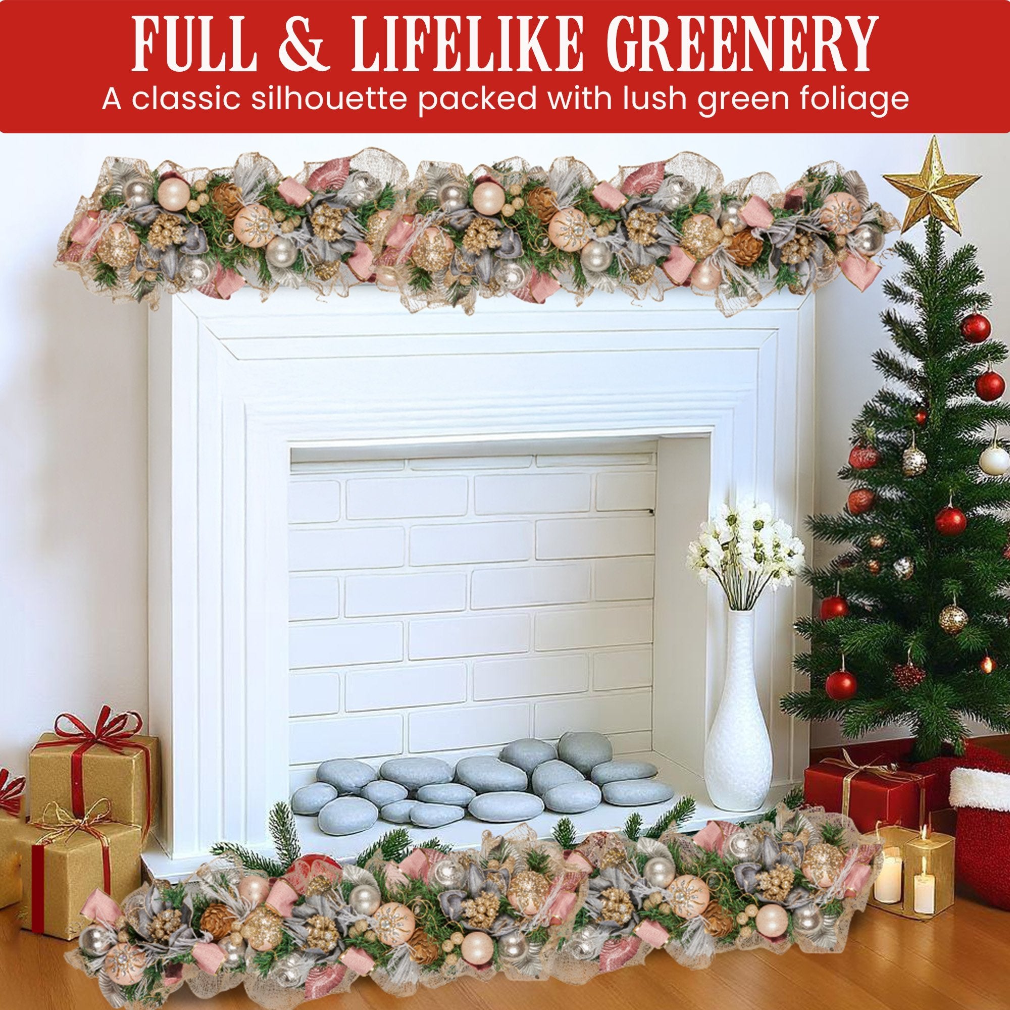 Christabelle Premium 100cm Christmas Garland Jewelled Baubles & Berries Tree Decoration Ornament Pink Silver V240-112_GUE526