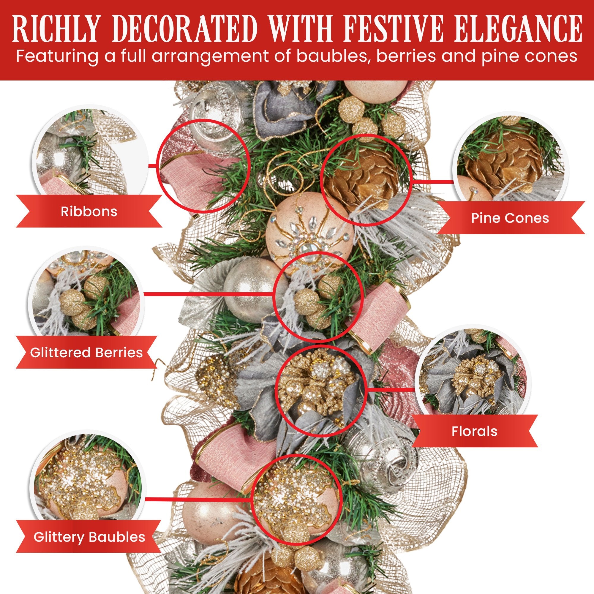 Christabelle Premium 100cm Christmas Garland Jewelled Baubles & Berries Tree Decoration Ornament Pink Silver V240-112_GUE526