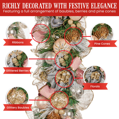 Christabelle Premium 100cm Christmas Garland Jewelled Baubles & Berries Tree Decoration Ornament Pink Silver V240-112_GUE526