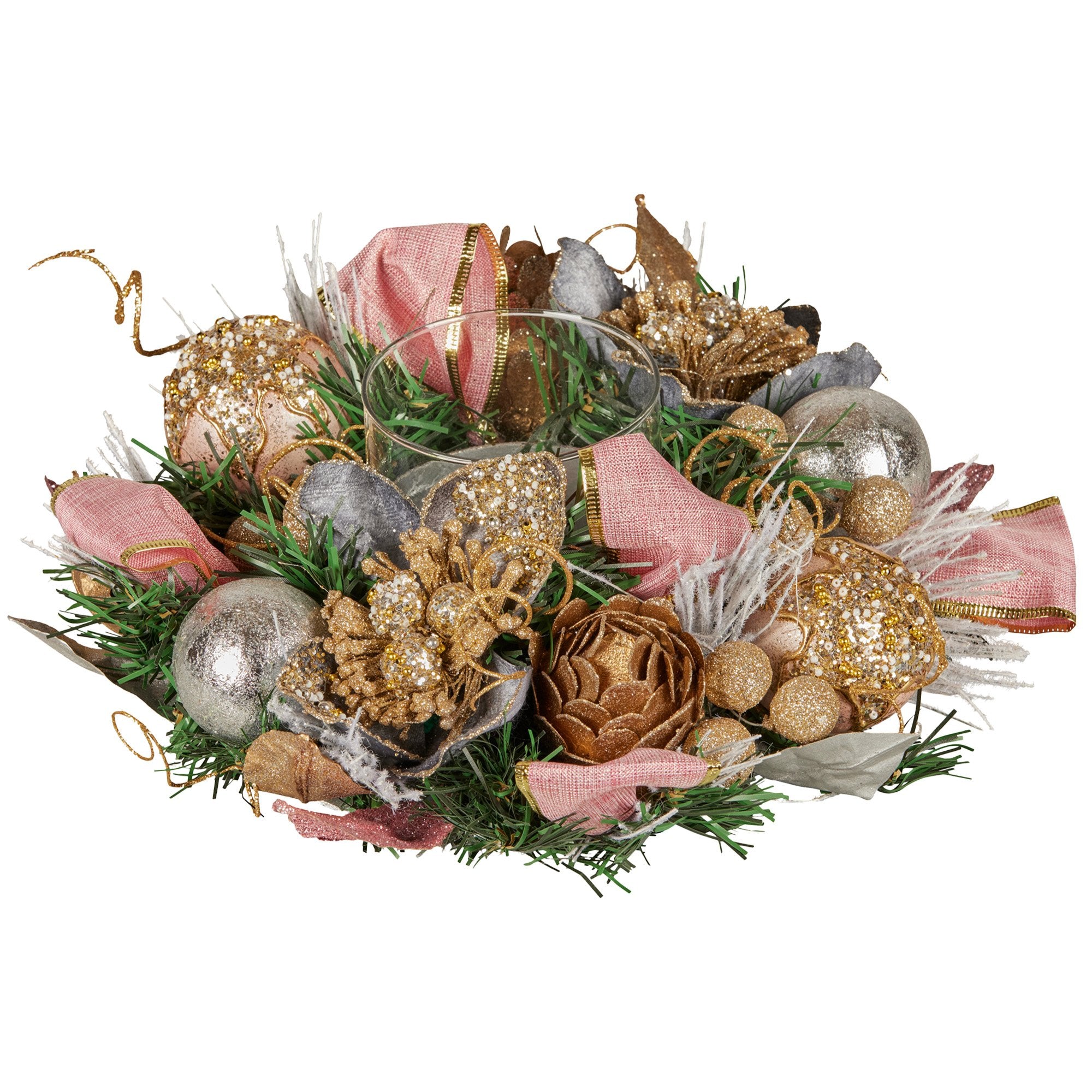 Christabelle 26cm Christmas Centrepiece Lush Green Holiday w/Jewelled Baubles, Foliage, Flowers, Pine Cones, V240-112_GUE527