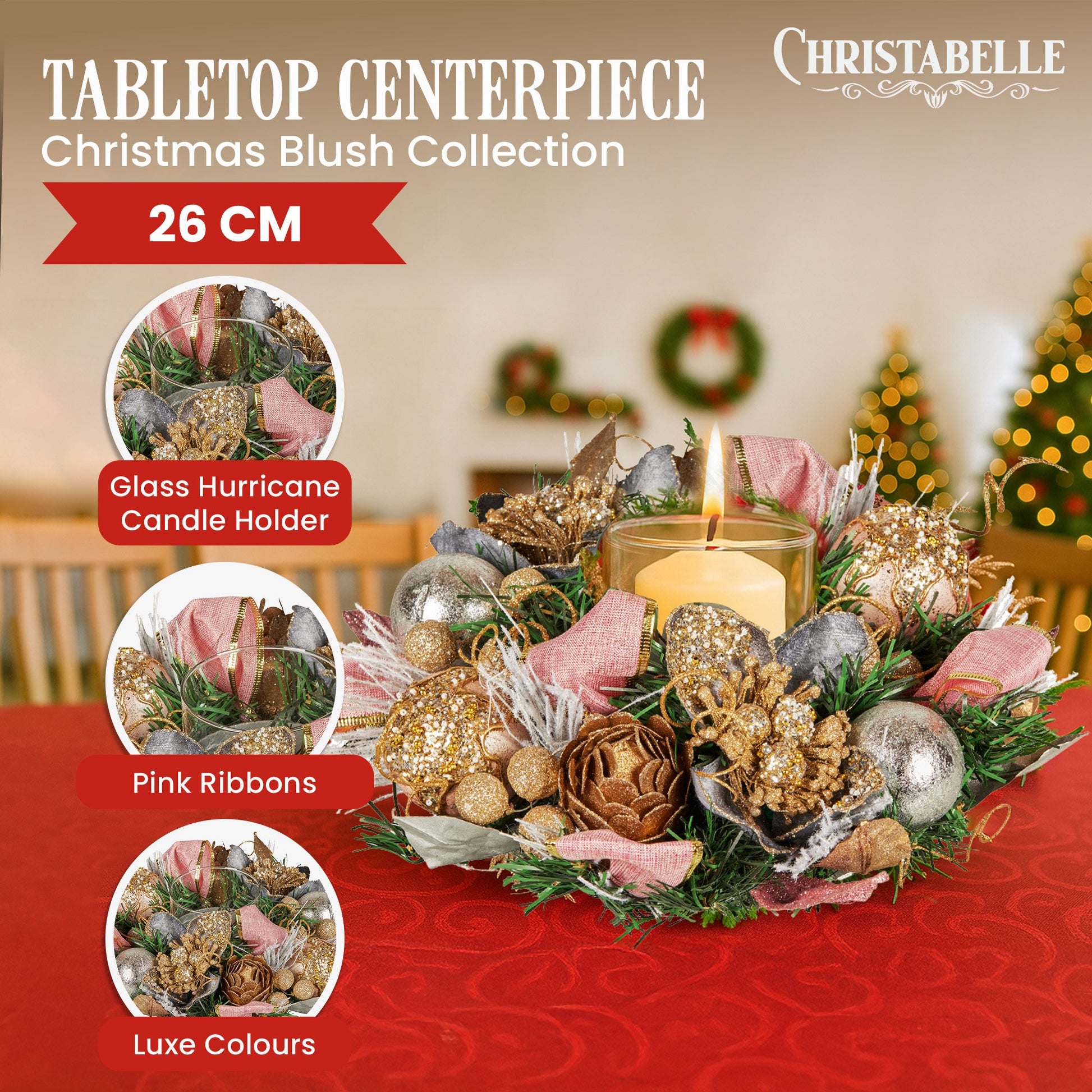 Christabelle 26cm Christmas Centrepiece Lush Green Holiday w/Jewelled Baubles, Foliage, Flowers, Pine Cones, V240-112_GUE527