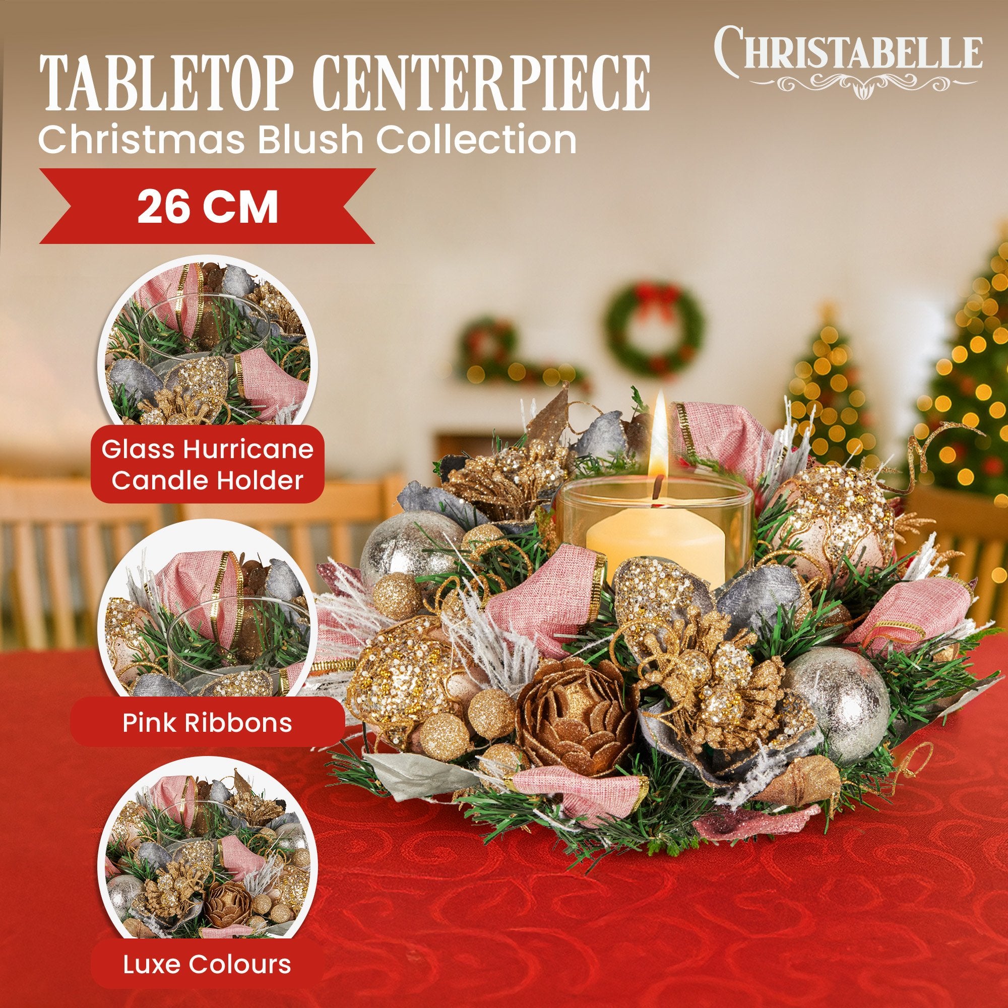 Christabelle 26cm Christmas Centrepiece Lush Green Holiday w/Jewelled Baubles, Foliage, Flowers, Pine Cones, V240-112_GUE527