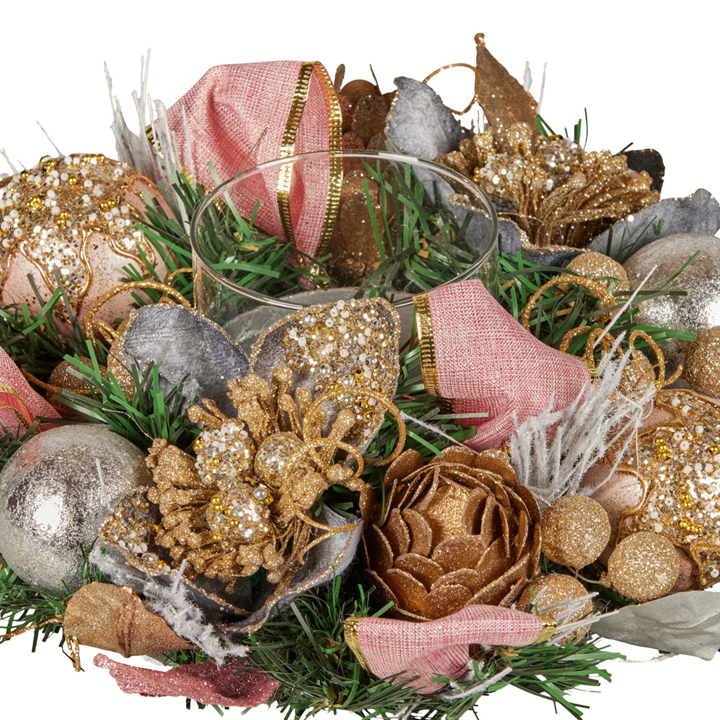 Christabelle 26cm Christmas Centrepiece Lush Green Holiday w/Jewelled Baubles, Foliage, Flowers, Pine Cones, V240-112_GUE527