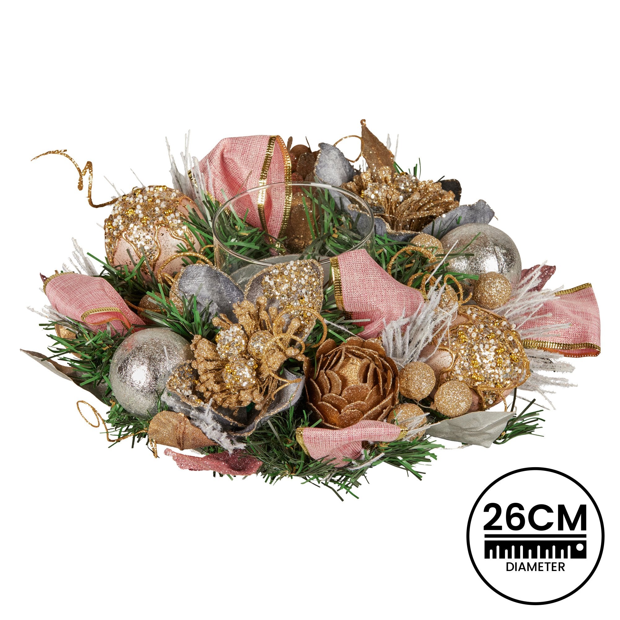 Christabelle 26cm Christmas Centrepiece Lush Green Holiday w/Jewelled Baubles, Foliage, Flowers, Pine Cones, V240-112_GUE527
