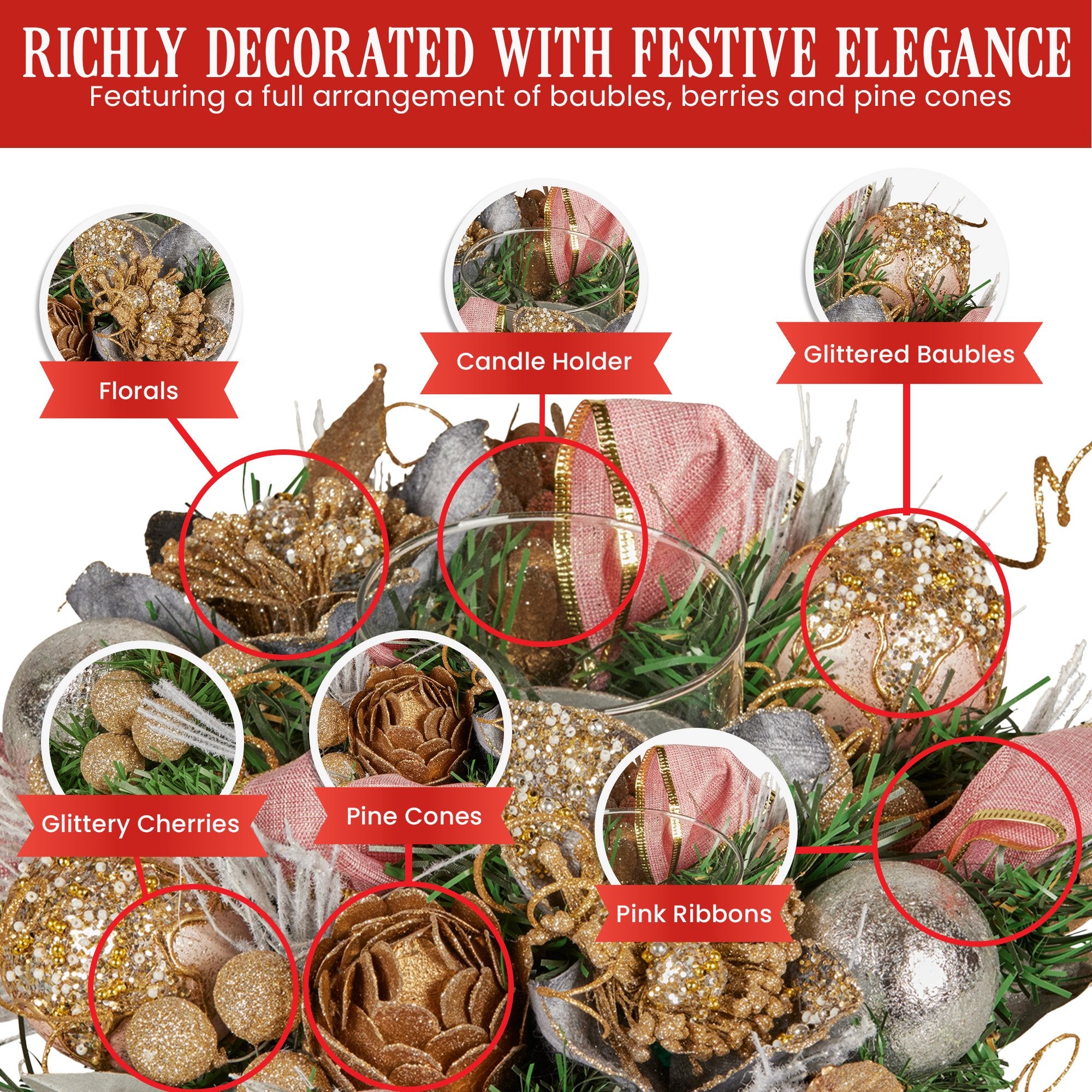 Christabelle 26cm Christmas Centrepiece Lush Green Holiday w/Jewelled Baubles, Foliage, Flowers, Pine Cones, V240-112_GUE527