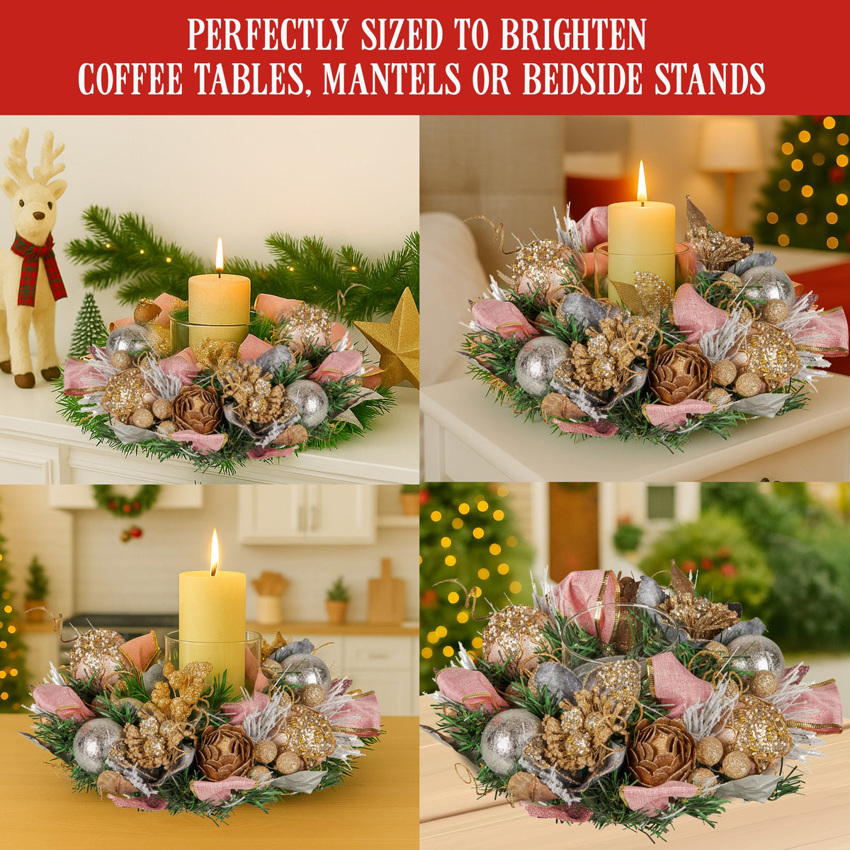 Christabelle 26cm Christmas Centrepiece Lush Green Holiday w/Jewelled Baubles, Foliage, Flowers, Pine Cones, V240-112_GUE527
