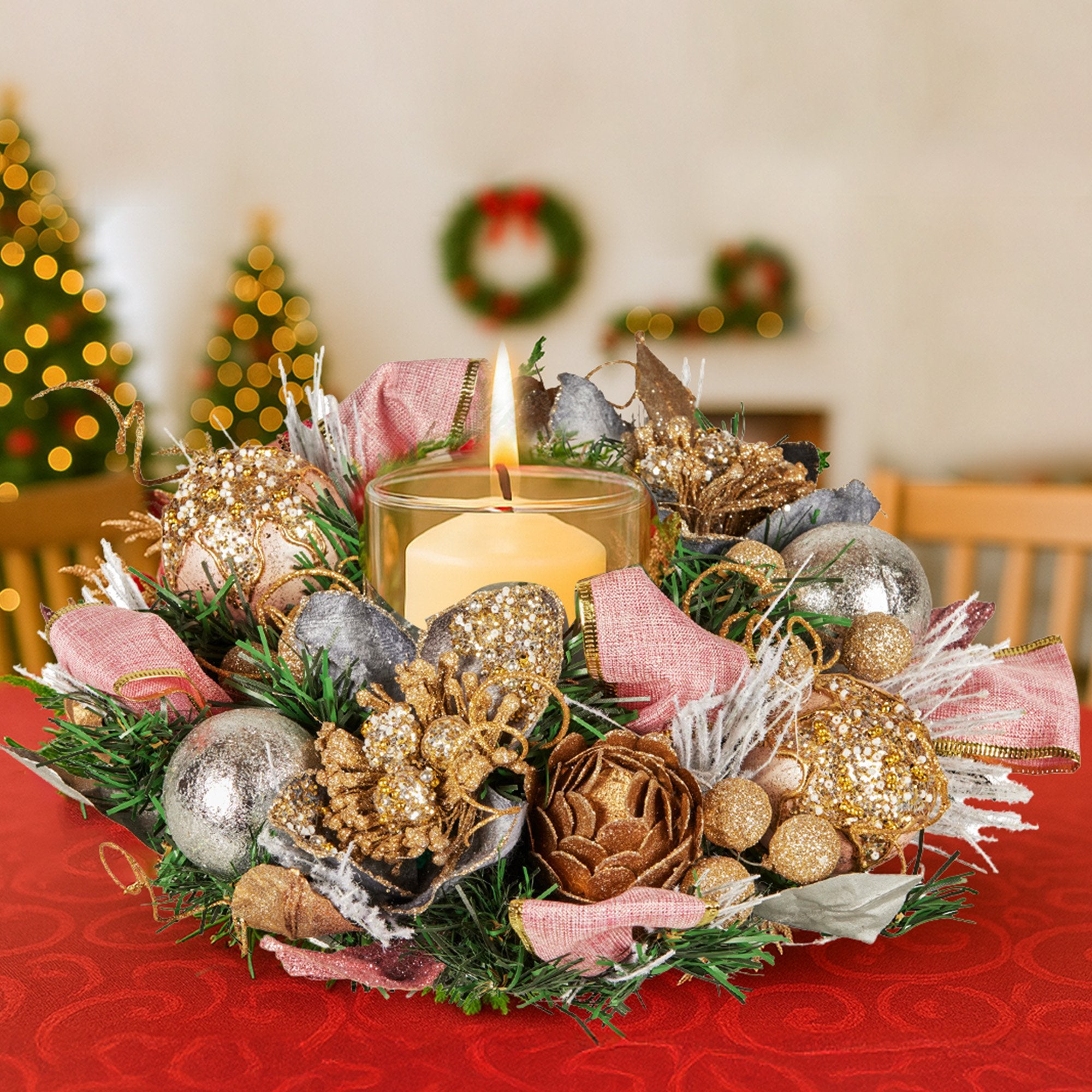 Christabelle 26cm Christmas Centrepiece Lush Green Holiday w/Jewelled Baubles, Foliage, Flowers, Pine Cones, V240-112_GUE527