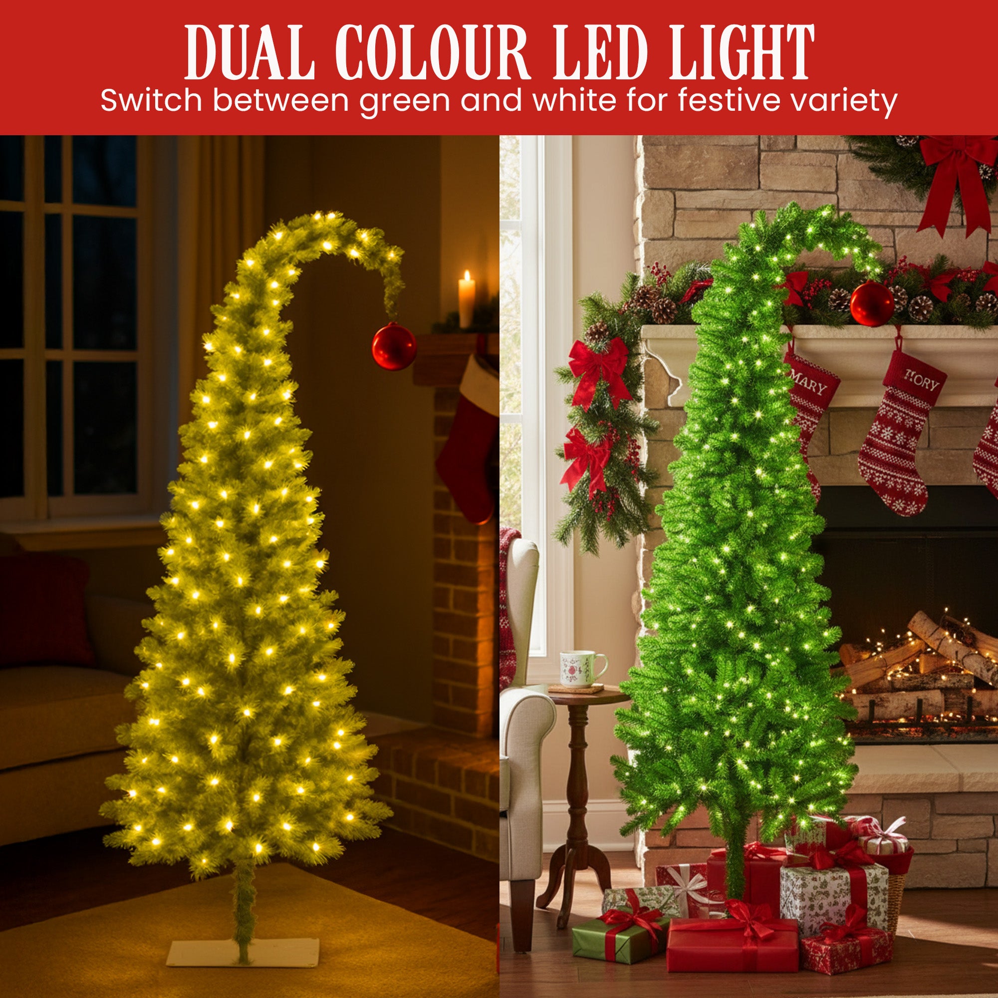Christabelle 4ft Christmas Gremlin Tree Curved Top Red Bauble Built In Green & White LED Lights Foot Pedal V240-112_HZG4