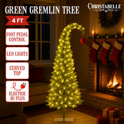 Christabelle 4ft Christmas Gremlin Tree Curved Top Red Bauble Built In Green & White LED Lights Foot Pedal V240-112_HZG4