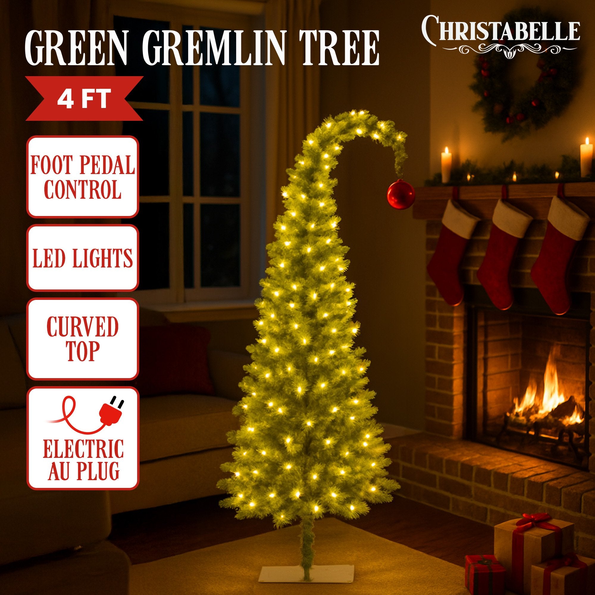 Christabelle 4ft Christmas Gremlin Tree Curved Top Red Bauble Built In Green & White LED Lights Foot Pedal V240-112_HZG4
