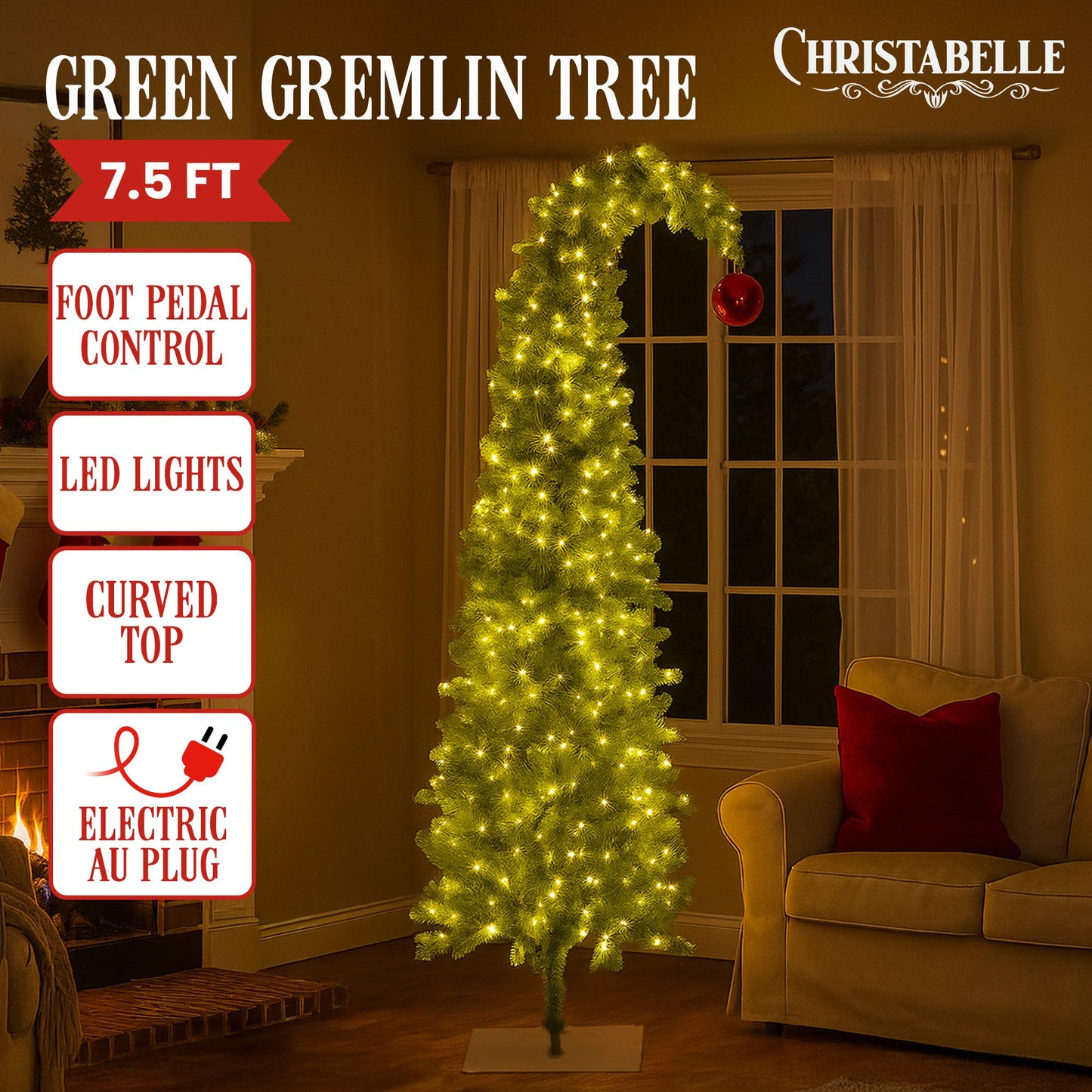 Christabelle 7.5ft Christmas Gremlin Tree Curved Top Red Bauble Built-in Green White LED Lights Control Base V240-112_HZG75