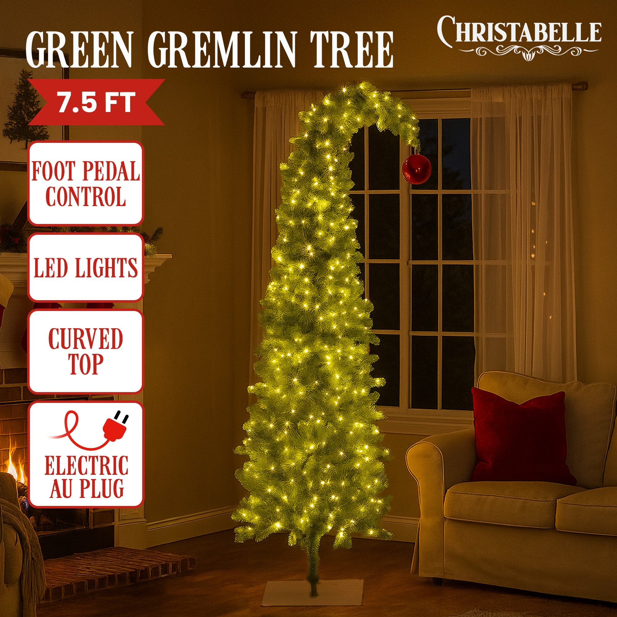 Christabelle 7.5ft Christmas Gremlin Tree Curved Top Red Bauble Built-in Green White LED Lights Control Base V240-112_HZG75