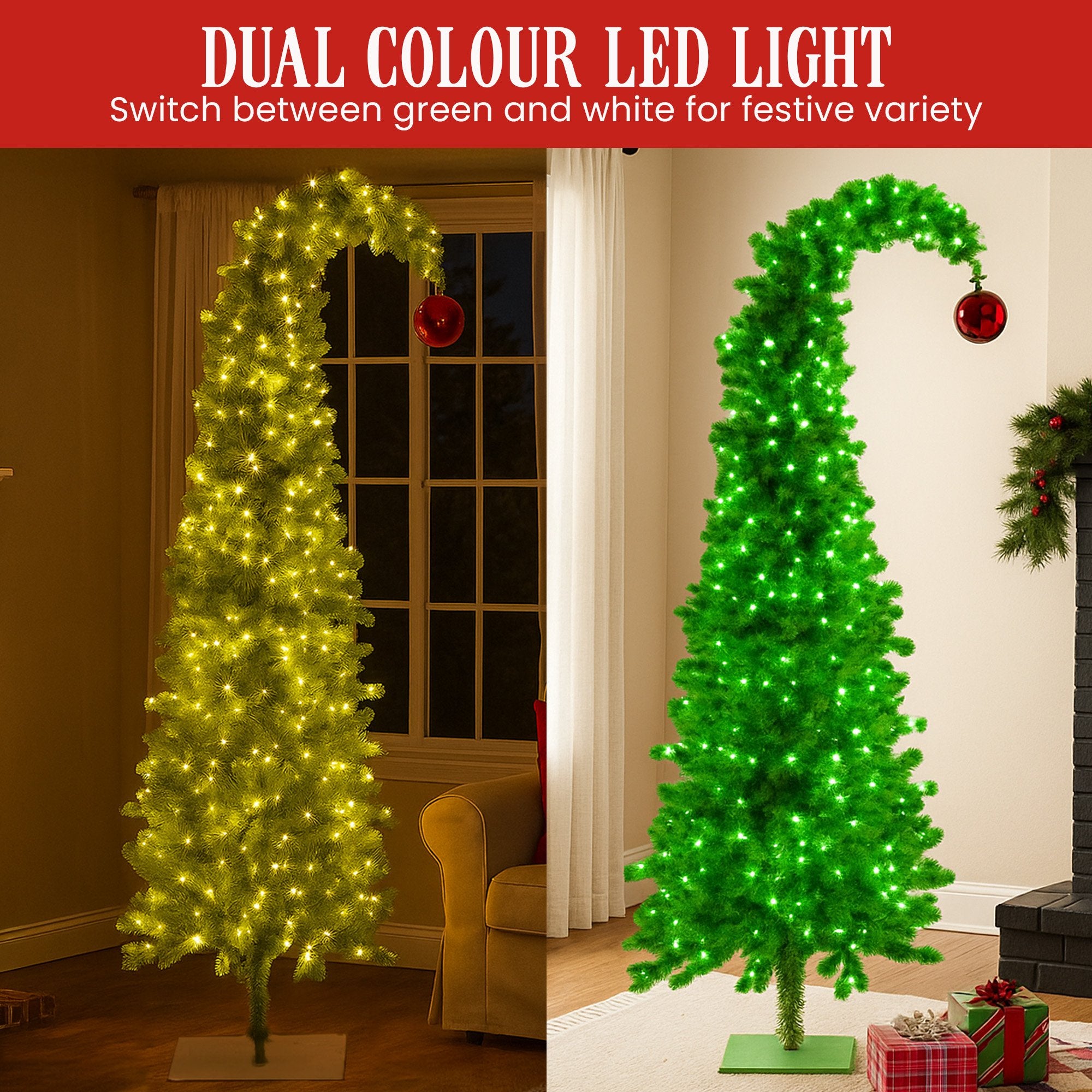 Christabelle 7.5ft Christmas Gremlin Tree Curved Top Red Bauble Built-in Green White LED Lights Control Base V240-112_HZG75