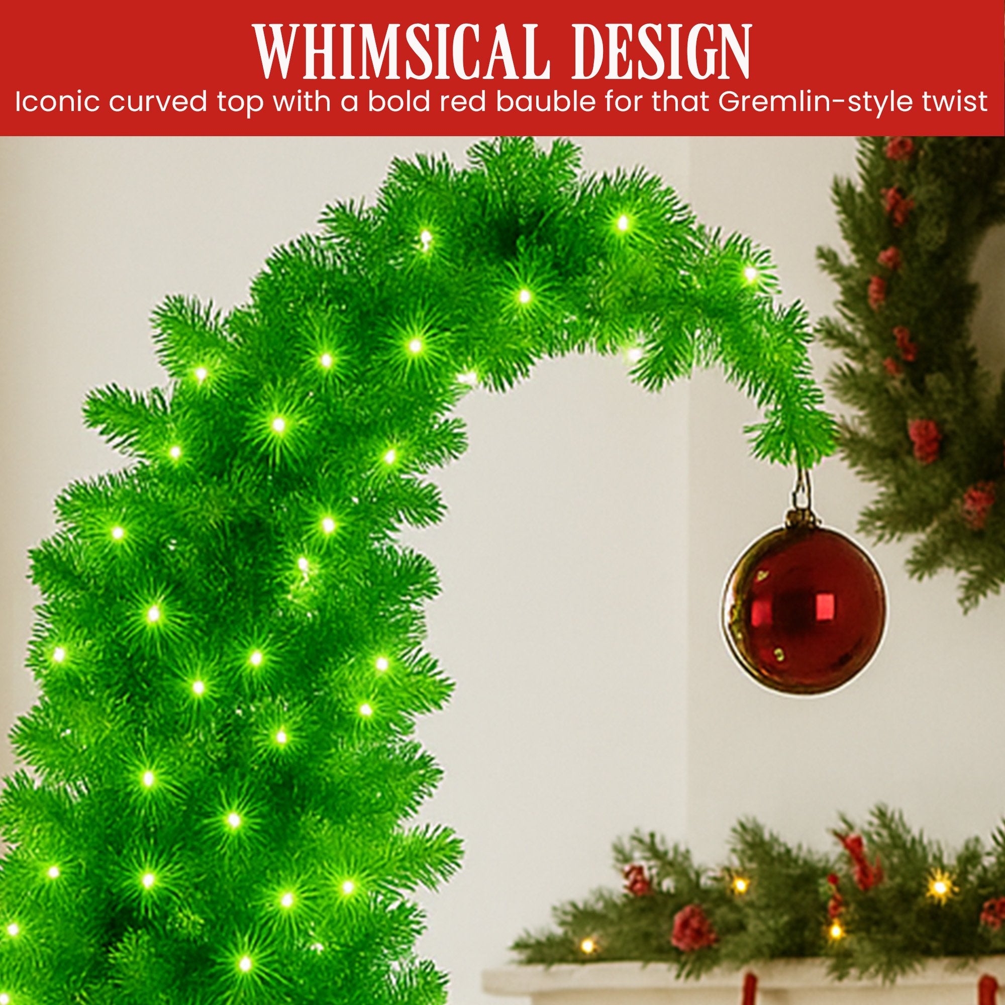 Christabelle 7.5ft Christmas Gremlin Tree Curved Top Red Bauble Built-in Green White LED Lights Control Base V240-112_HZG75