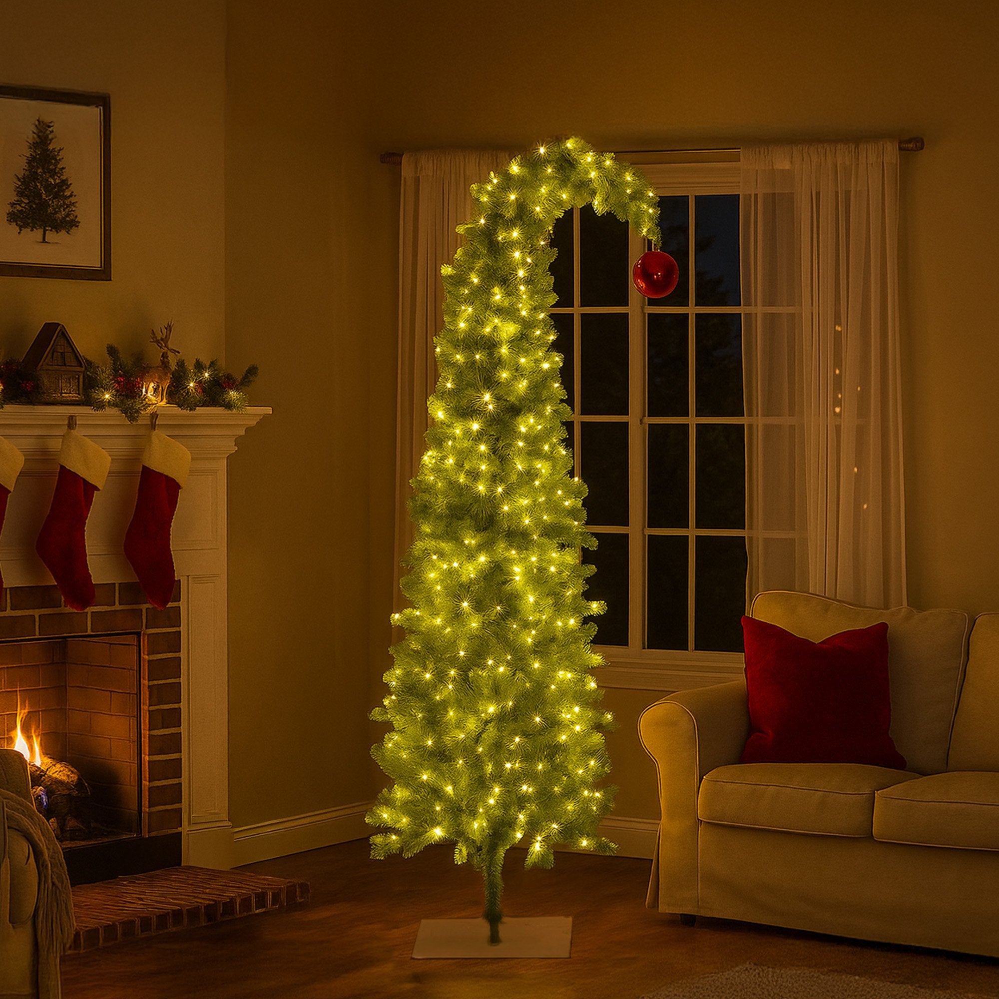 Christabelle 7.5ft Christmas Gremlin Tree Curved Top Red Bauble Built-in Green White LED Lights Control Base V240-112_HZG75
