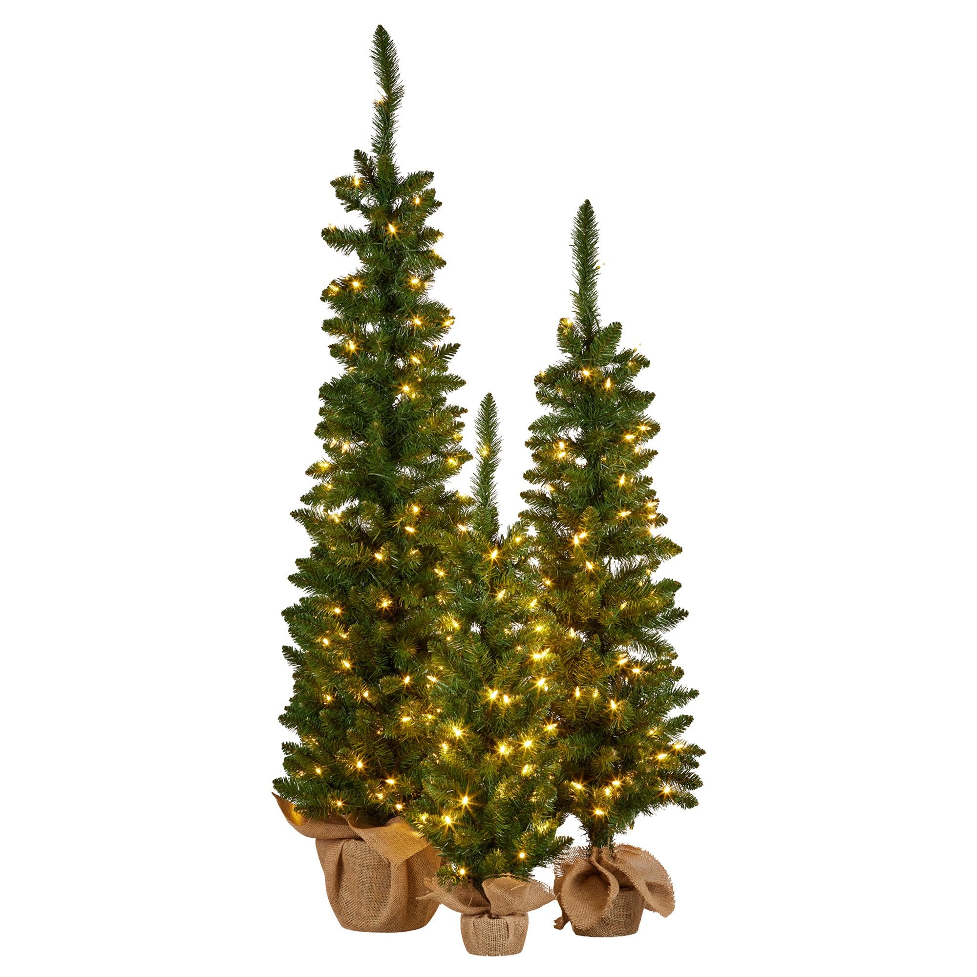 Christabelle Set of 3 Pre-Lit Christmas Trees Green Pine w/LED Lights, Hessian Base & Individual Plugs V240-112_HZGB3
