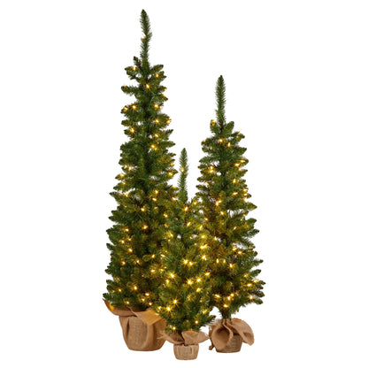 Christabelle Set of 3 Pre-Lit Christmas Trees Green Pine w/LED Lights, Hessian Base & Individual Plugs V240-112_HZGB3