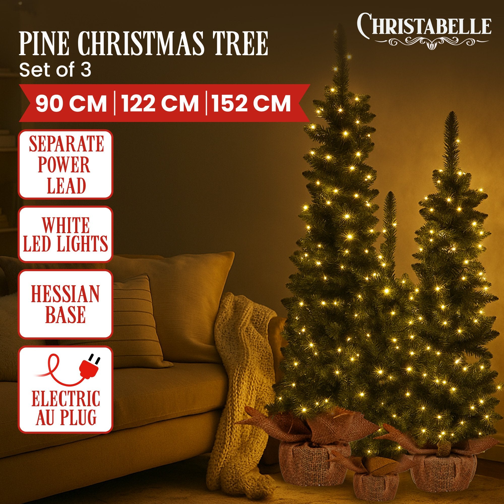 Christabelle Set of 3 Pre-Lit Christmas Trees Green Pine w/LED Lights, Hessian Base & Individual Plugs V240-112_HZGB3
