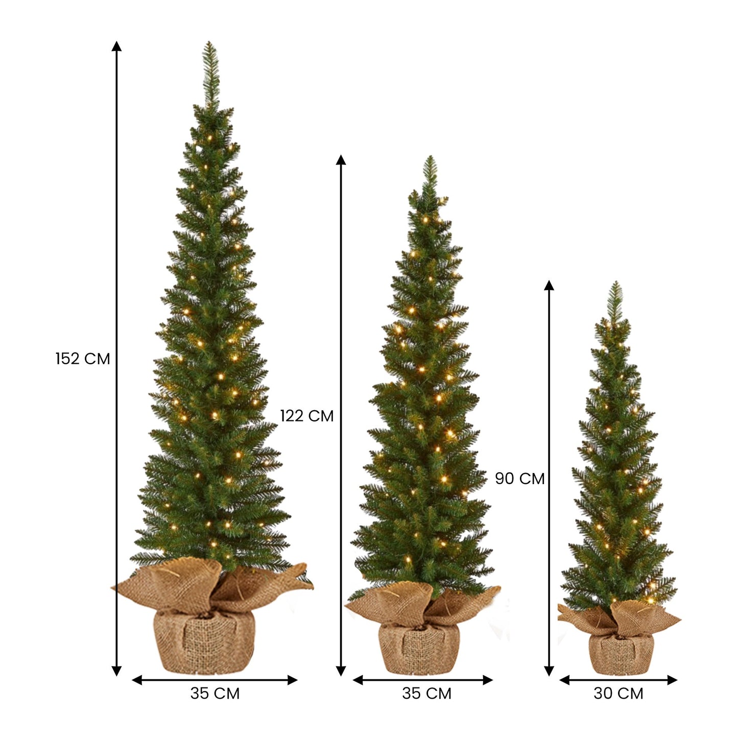 Christabelle Set of 3 Pre-Lit Christmas Trees Green Pine w/LED Lights, Hessian Base & Individual Plugs V240-112_HZGB3