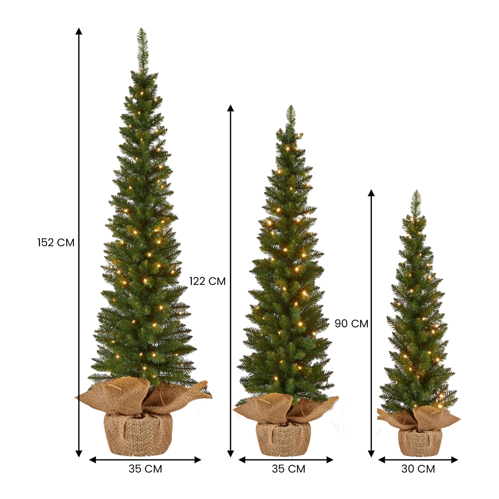 Christabelle Set of 3 Pre-Lit Christmas Trees Green Pine w/LED Lights, Hessian Base & Individual Plugs V240-112_HZGB3