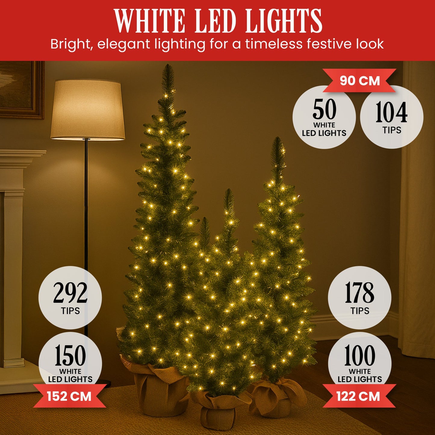 Christabelle Set of 3 Pre-Lit Christmas Trees Green Pine w/LED Lights, Hessian Base & Individual Plugs V240-112_HZGB3