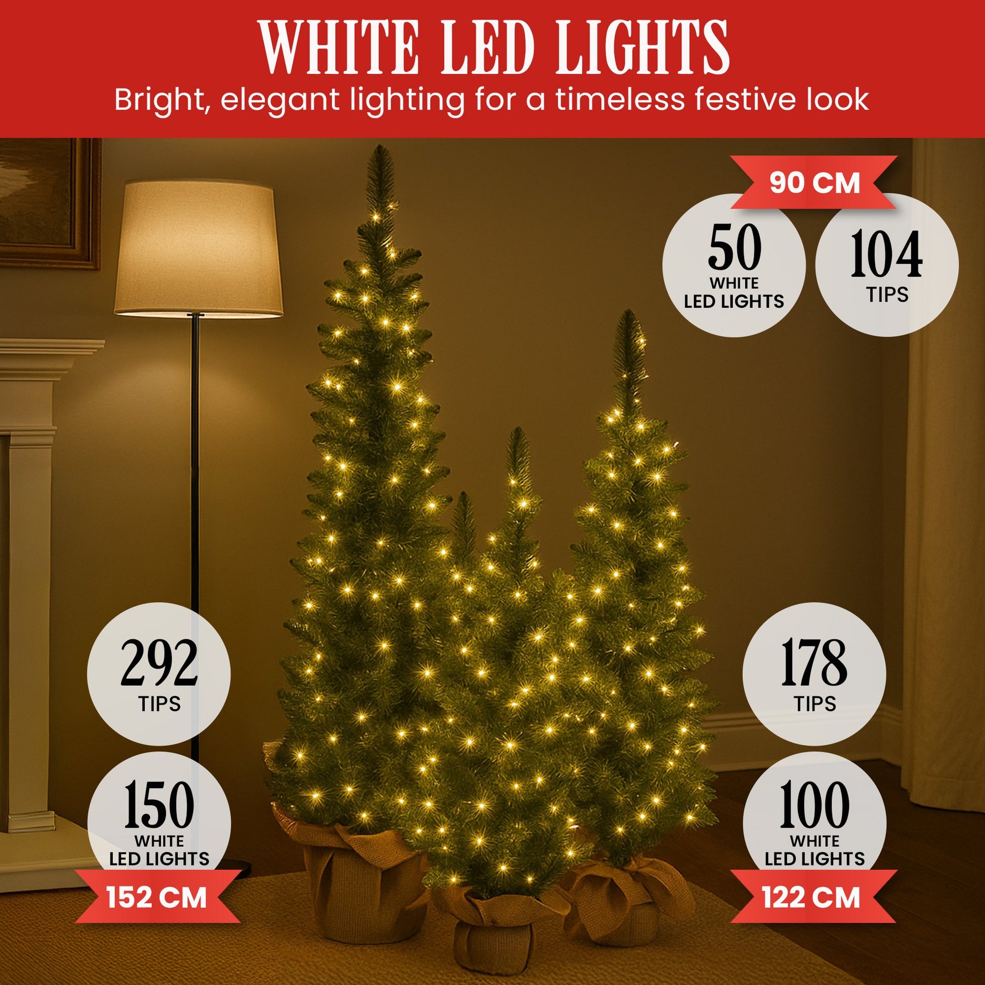 Christabelle Set of 3 Pre-Lit Christmas Trees Green Pine w/LED Lights, Hessian Base & Individual Plugs V240-112_HZGB3