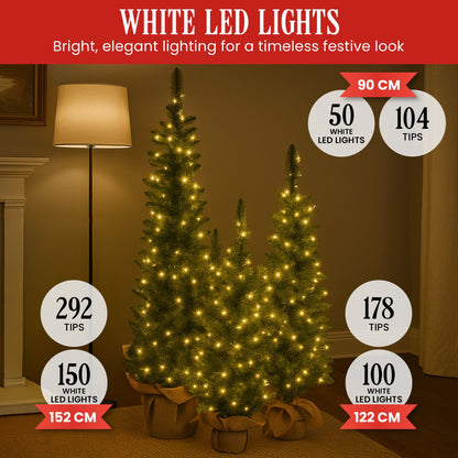Christabelle Set of 3 Pre-Lit Christmas Trees Green Pine w/LED Lights, Hessian Base & Individual Plugs V240-112_HZGB3