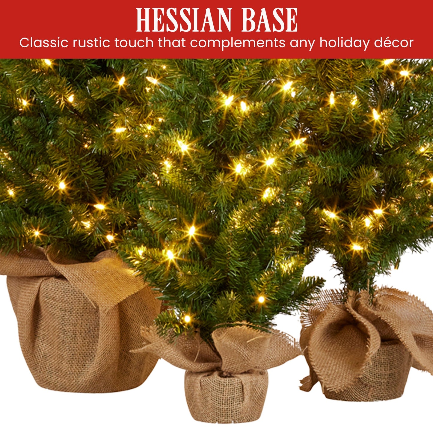 Christabelle Set of 3 Pre-Lit Christmas Trees Green Pine w/LED Lights, Hessian Base & Individual Plugs V240-112_HZGB3