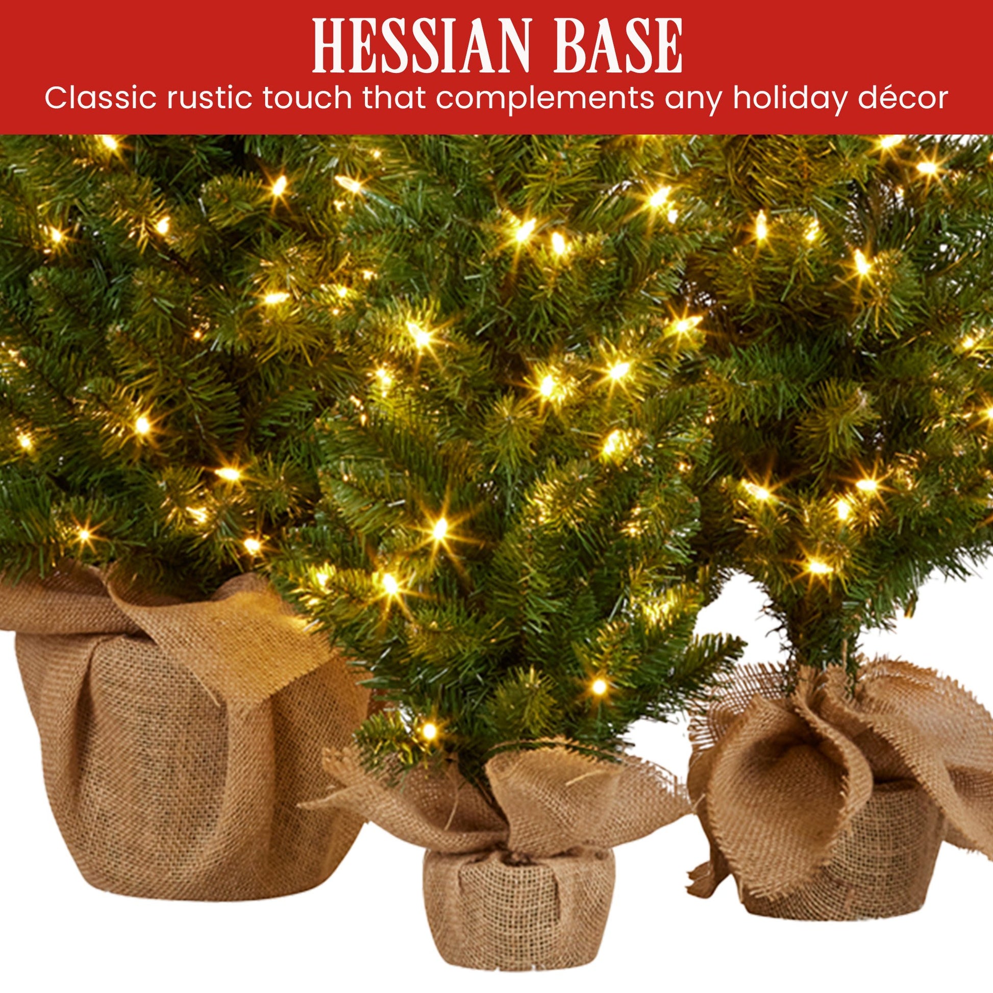 Christabelle Set of 3 Pre-Lit Christmas Trees Green Pine w/LED Lights, Hessian Base & Individual Plugs V240-112_HZGB3