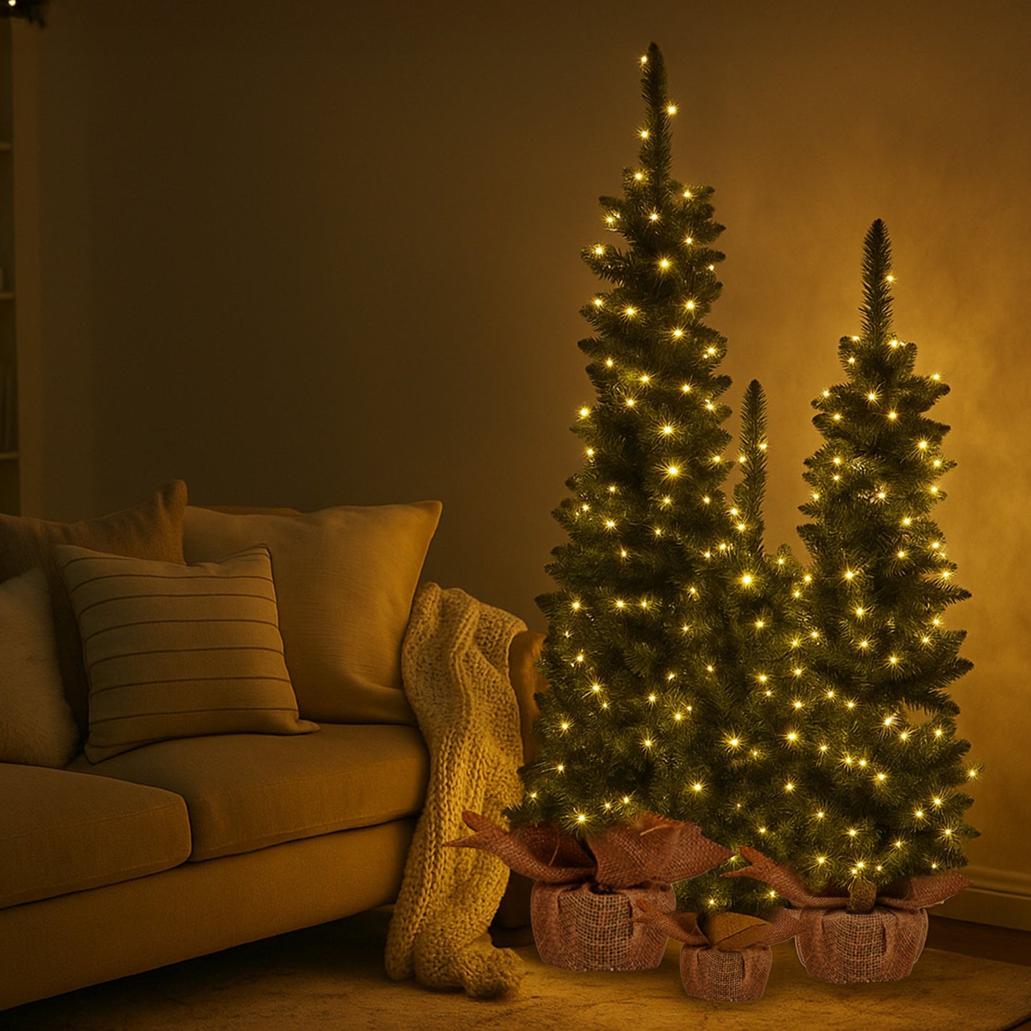 Christabelle Set of 3 Pre-Lit Christmas Trees Green Pine w/LED Lights, Hessian Base & Individual Plugs V240-112_HZGB3