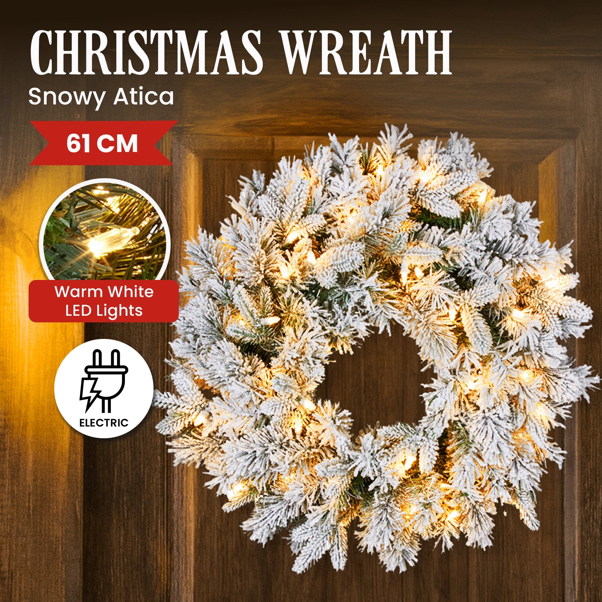 Christabelle Christmas Wreath Snowy Atica Pre-Lit with LED Lights Front Door Decoration Ornament V240-112_HZSA61