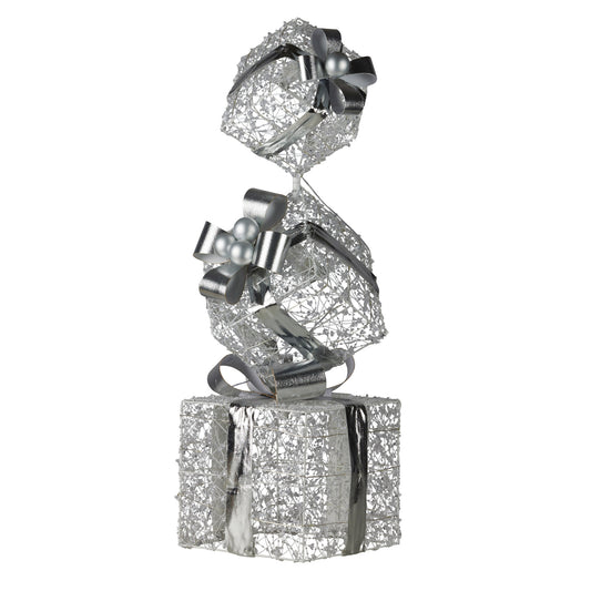 Christabelle 83cm Triple Christmas Silver Giftbox Stack Display with Lights V240-112_MHA516