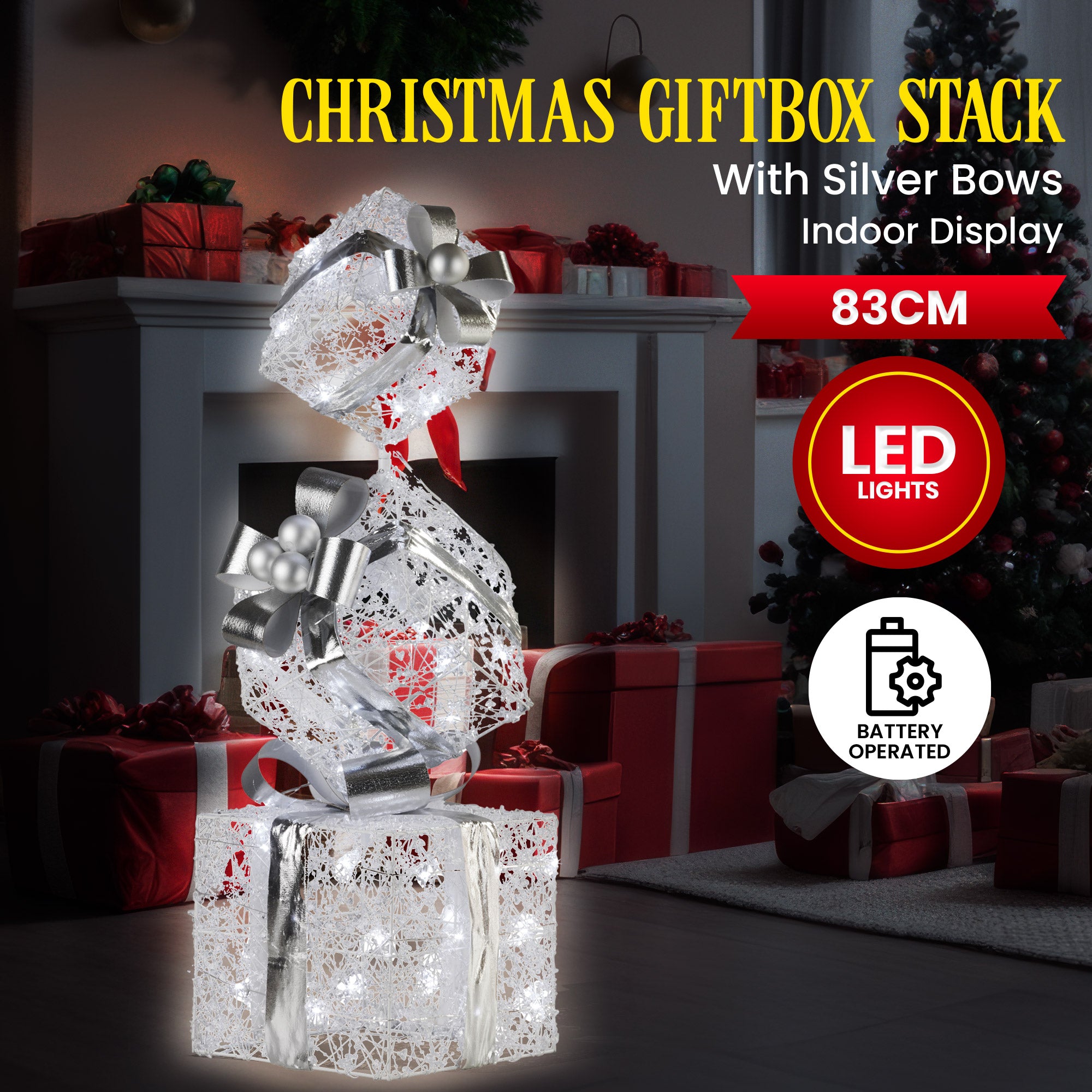 Christabelle 83cm Triple Christmas Silver Giftbox Stack Display with Lights V240-112_MHA516